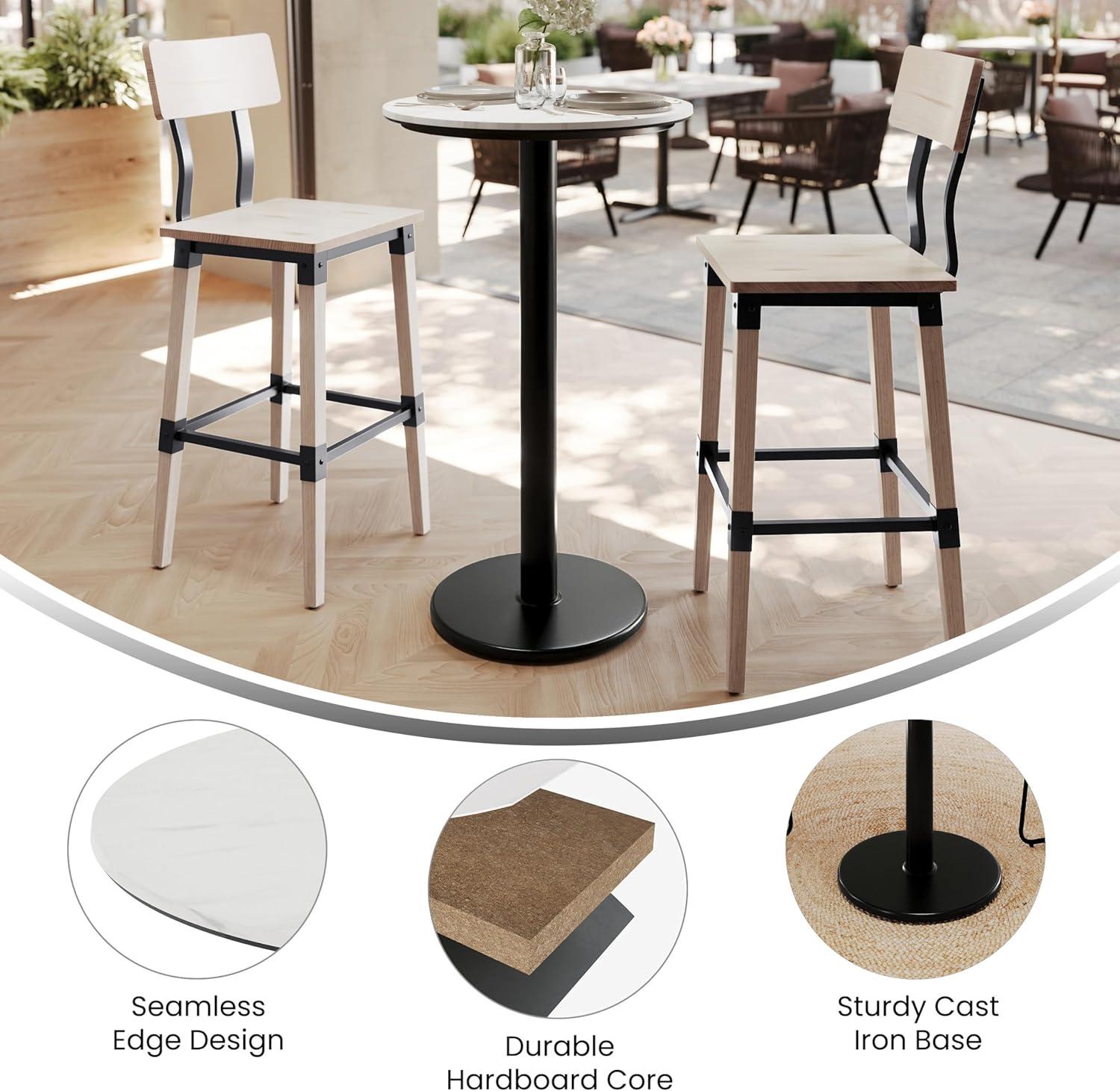 image:imageFlash Furniture Acadia 3125 Round Indoor Dark Brown Tabletop with 18 Round Black Bar Height Base Seamless TopGuard HPL Top and EdgeWhite Faux MarbleBlack Base