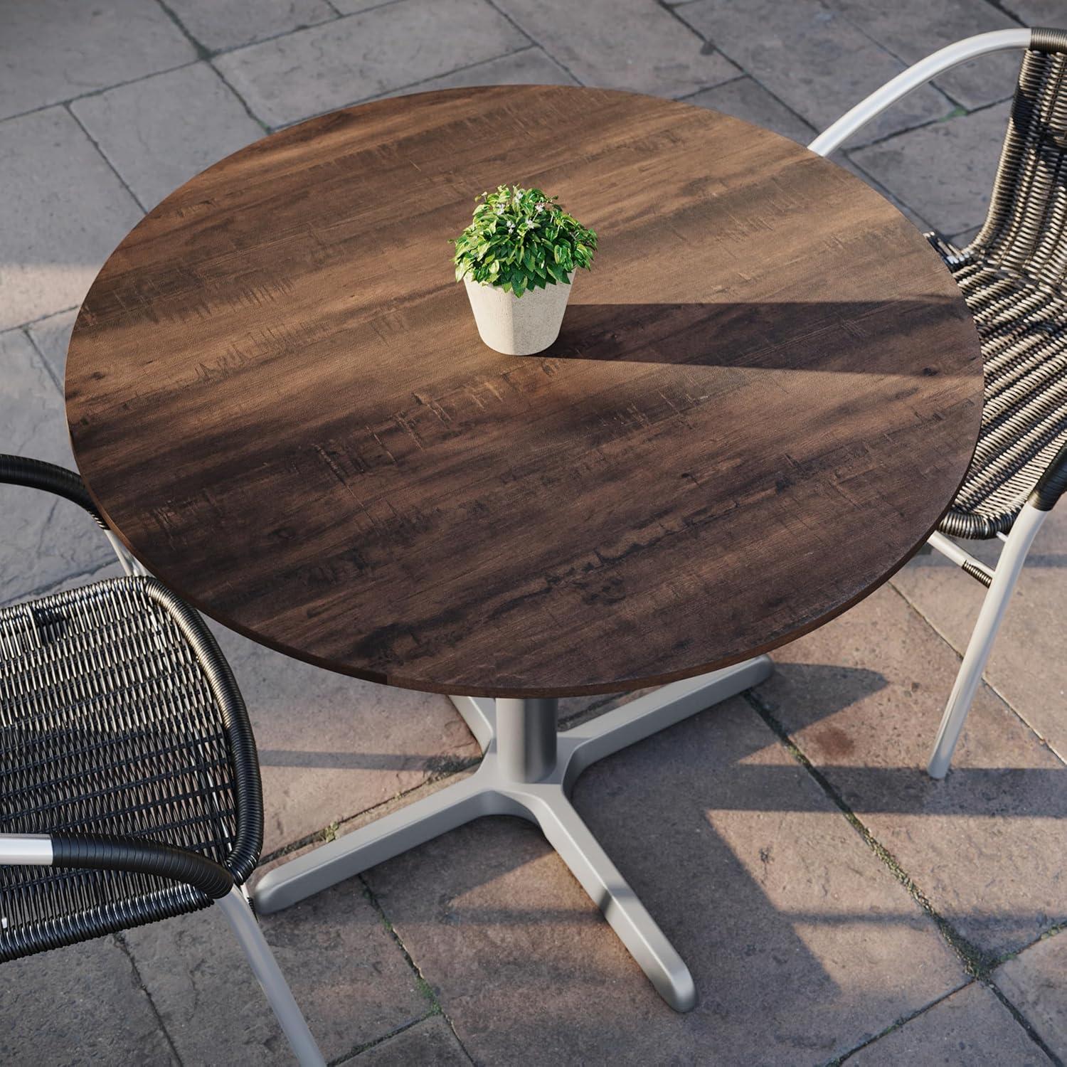 image:imageFlash Furniture Acadia 36 Round Indoor Outdoor Dark Brown Tabletop with 30 x 30 Silver X Base Scratch Heat amp UV Resistant Seamless TopGuard HPL Top and EdgeDark BrownSilver Base