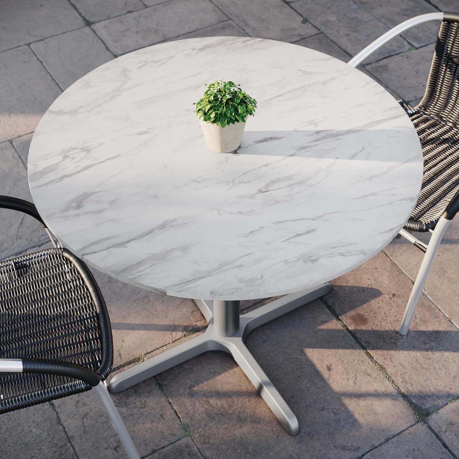 image:imageFlash Furniture Acadia 36 Round Indoor Outdoor Dark Brown Tabletop with 30 x 30 Silver X Base Scratch Heat amp UV Resistant Seamless TopGuard HPL Top and EdgeWhite Faux MarbleSilver Base