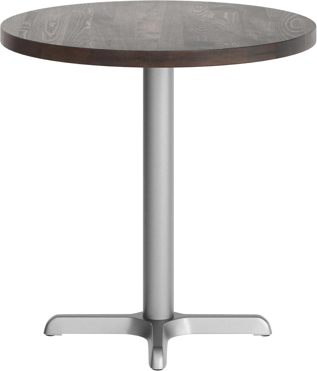 image:imageFlash Furniture Bennett 30 Round Solid Wood Commercial Indoor Tabletop in Dark Brown with 22 x 22 Dining Height Black Cast Iron X Base 300 lb Static CapacityDark Brown TopSilver Base