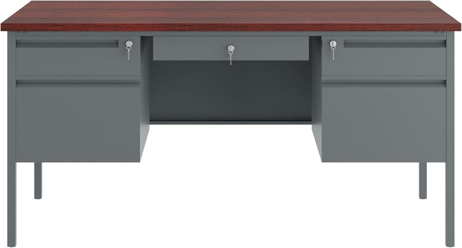 image:imageFlash Furniture Cambridge Double Pedestal Desk with 3 Locking Drawers Commercial Grade Teachers or Office Desk 30x60 Metal Frame MahoganyCharcoal