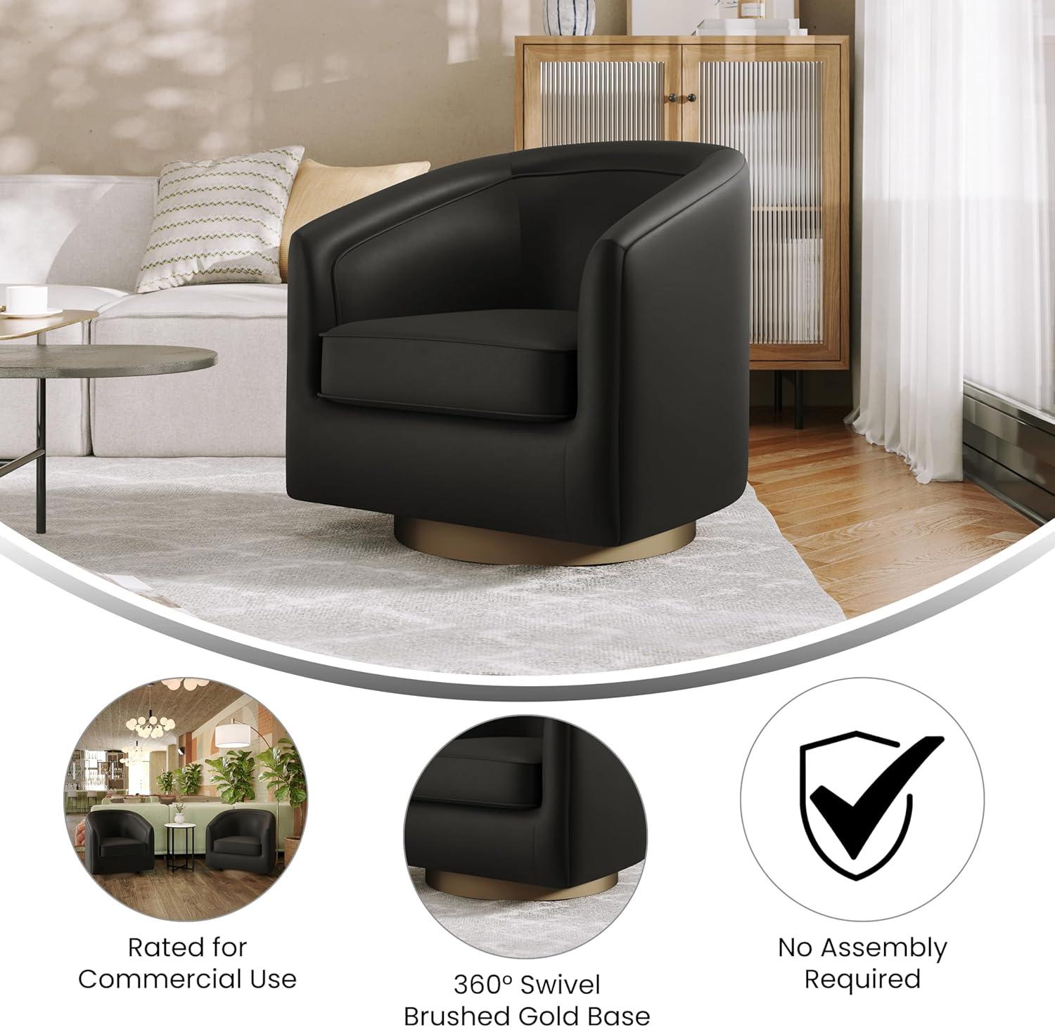 image:imageFlash Furniture Dean Upholstered Barrel Chair Commercial 360 Swivel Club Style Chair Sloped Armrests Brushed Metallic Vinyl Wrapped Metal Base Black LeatherSoftBlack Leathersoft