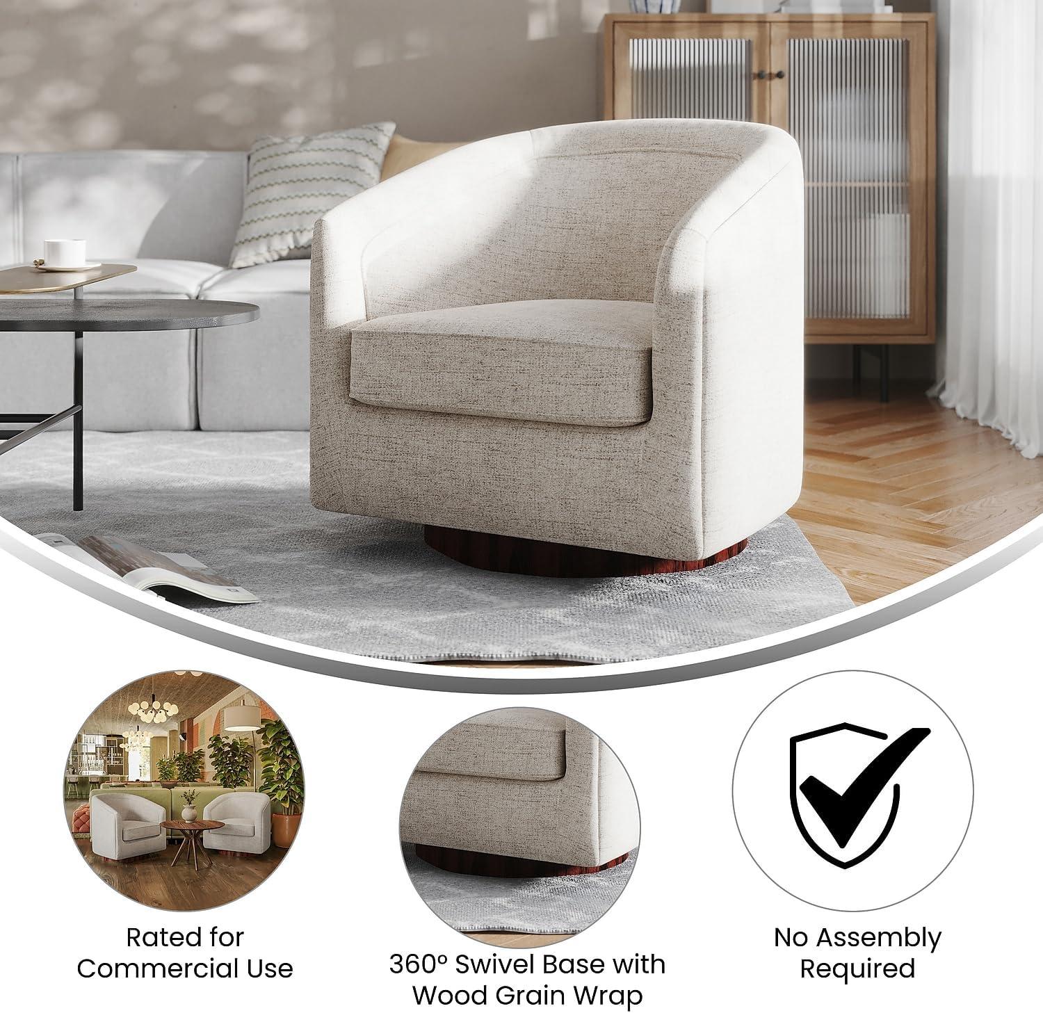 image:imageFlash Furniture Dean Upholstered Barrel Chair Commercial 360 Swivel Club Style Chair Sloped Armrests Brushed Metallic Vinyl Wrapped Metal Base Black LeatherSoftCream