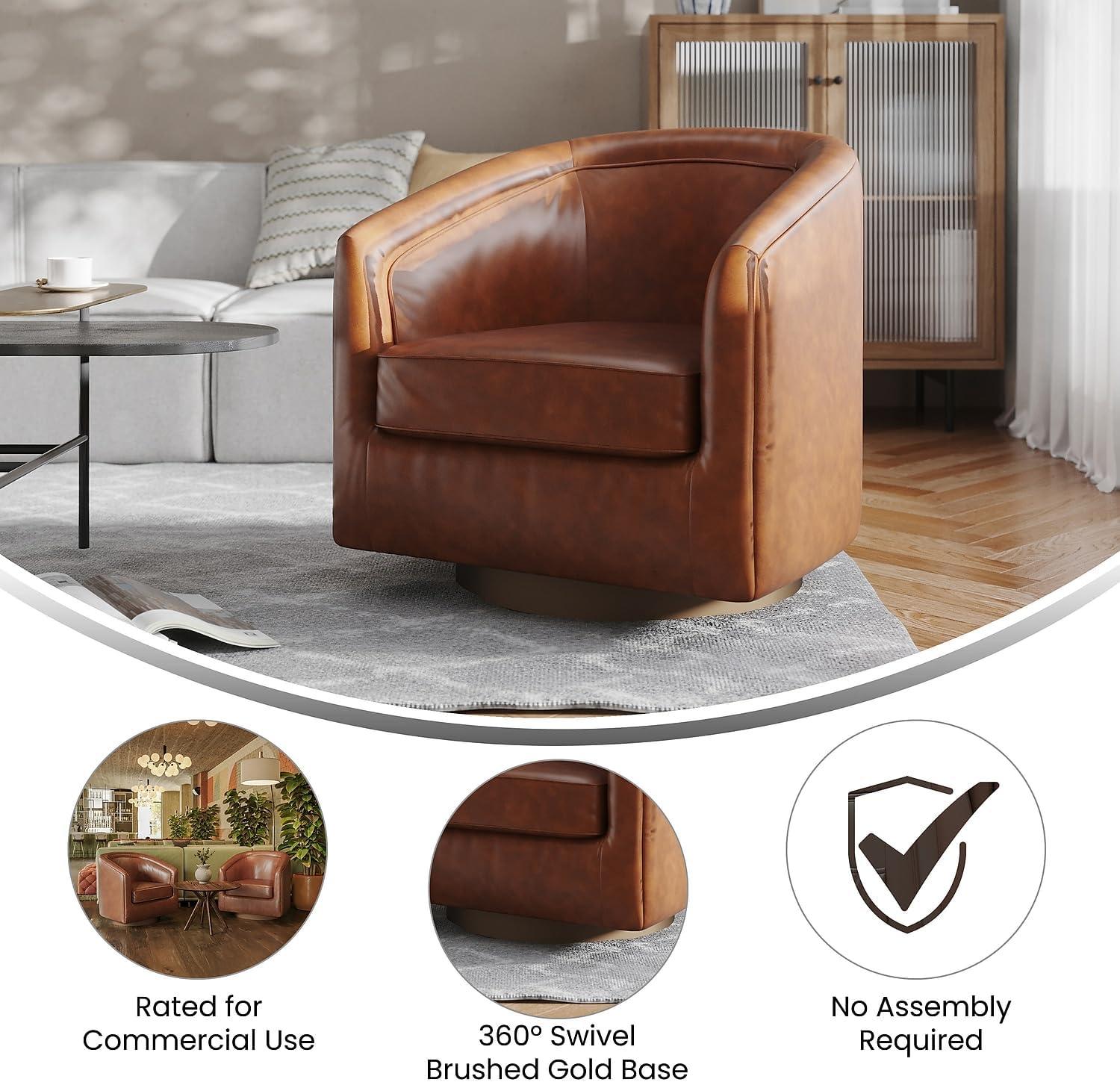 image:imageFlash Furniture Dean Upholstered Barrel Chair Commercial 360 Swivel Club Style Chair Sloped Armrests Brushed Metallic Vinyl Wrapped Metal Base Black LeatherSoftBrown Leathersoft