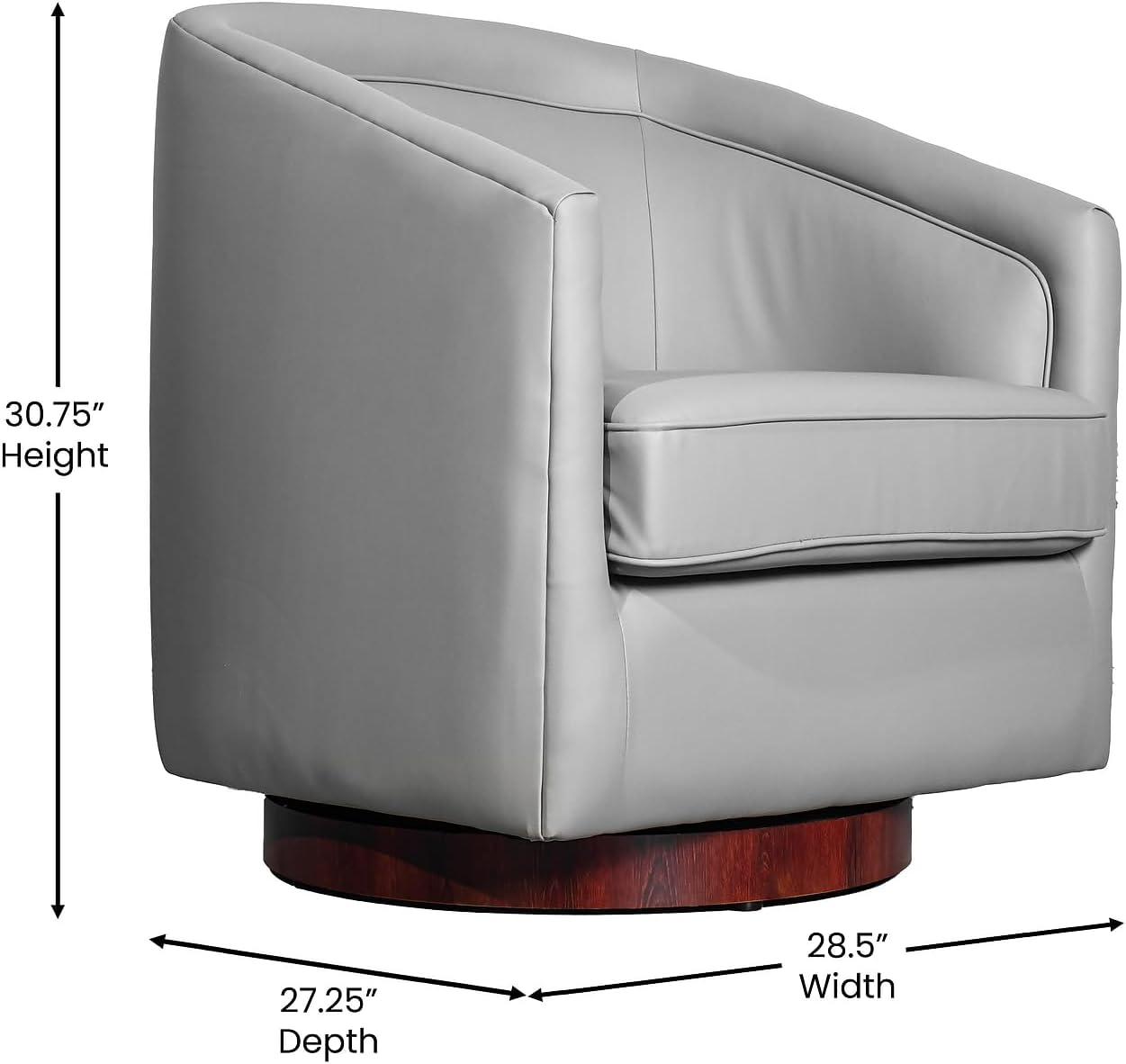 image:imageFlash Furniture Dean Upholstered Barrel Chair Commercial 360 Swivel Club Style Chair Sloped Armrests Brushed Metallic Vinyl Wrapped Metal Base Black LeatherSoftGray Leathersoft