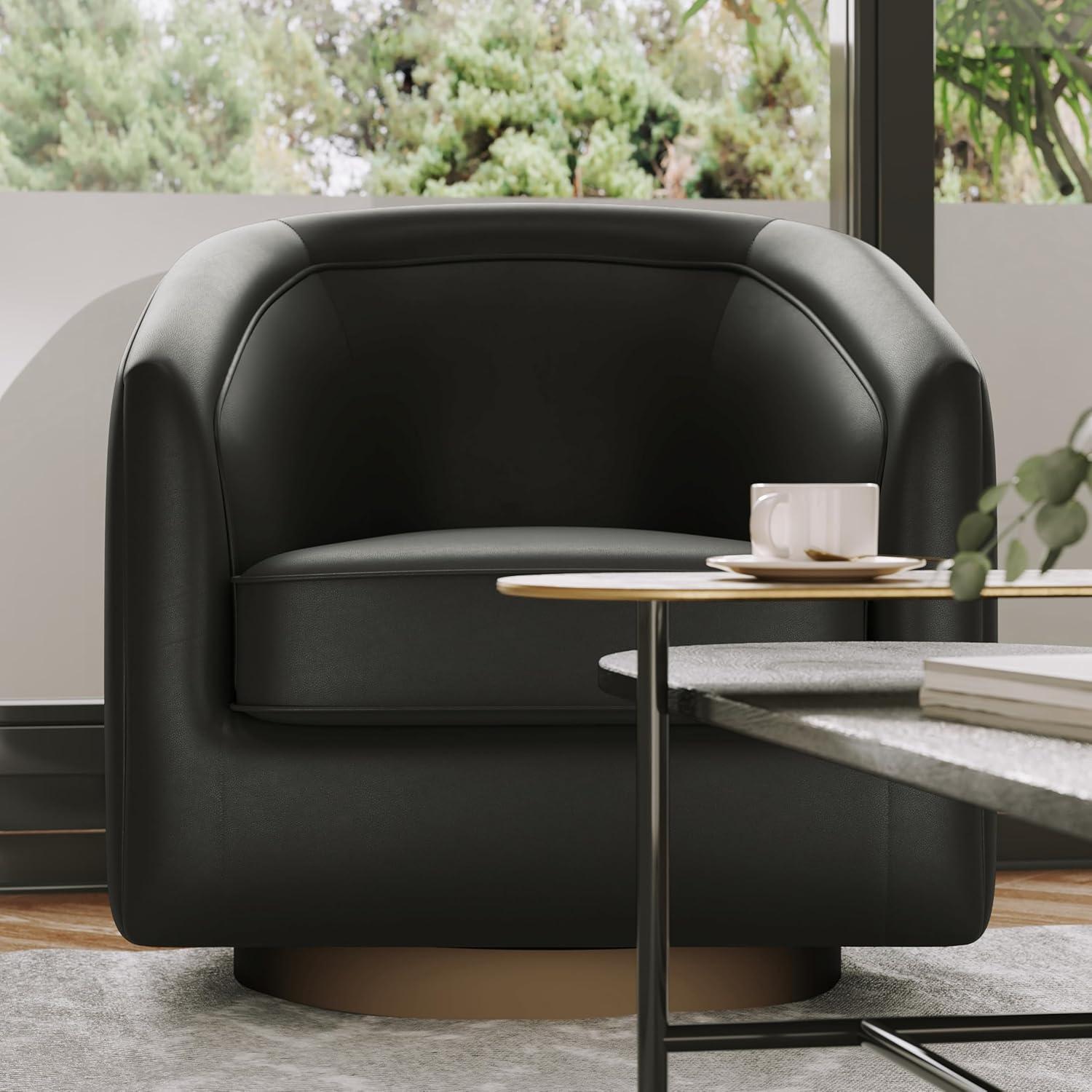 image:imageFlash Furniture Dean Upholstered Barrel Chair Commercial 360 Swivel Club Style Chair Sloped Armrests Brushed Metallic Vinyl Wrapped Metal Base Black LeatherSoftBlack Leathersoft