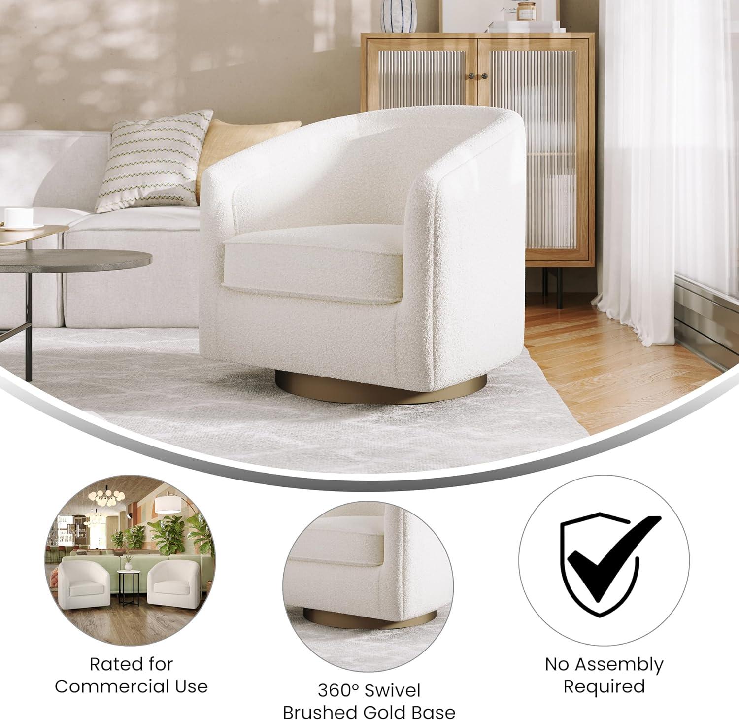 image:imageFlash Furniture Dean Upholstered Barrel Chair Commercial 360 Swivel Club Style Chair Sloped Armrests Brushed Metallic Vinyl Wrapped Metal Base Black LeatherSoftCream Boucle