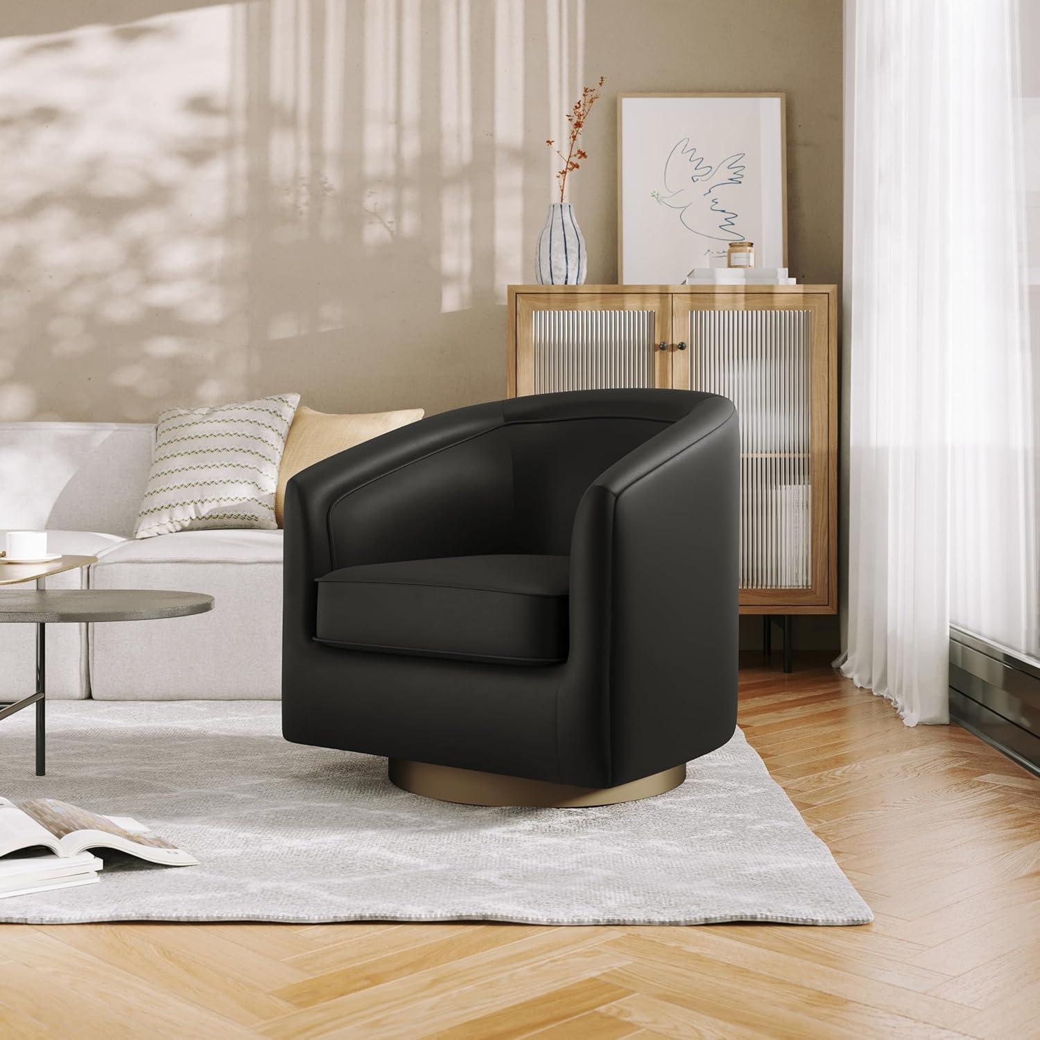 image:imageFlash Furniture Dean Upholstered Barrel Chair Commercial 360 Swivel Club Style Chair Sloped Armrests Brushed Metallic Vinyl Wrapped Metal Base Black LeatherSoftBlack Leathersoft