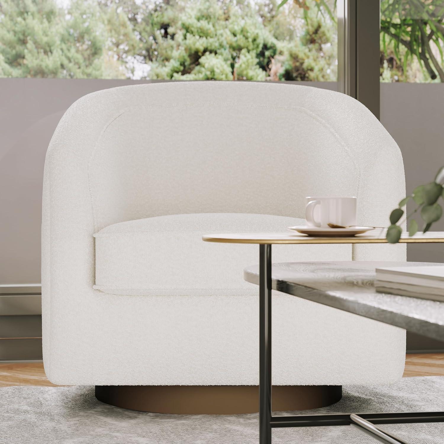 image:imageFlash Furniture Dean Upholstered Barrel Chair Commercial 360 Swivel Club Style Chair Sloped Armrests Brushed Metallic Vinyl Wrapped Metal Base Black LeatherSoftCream Boucle