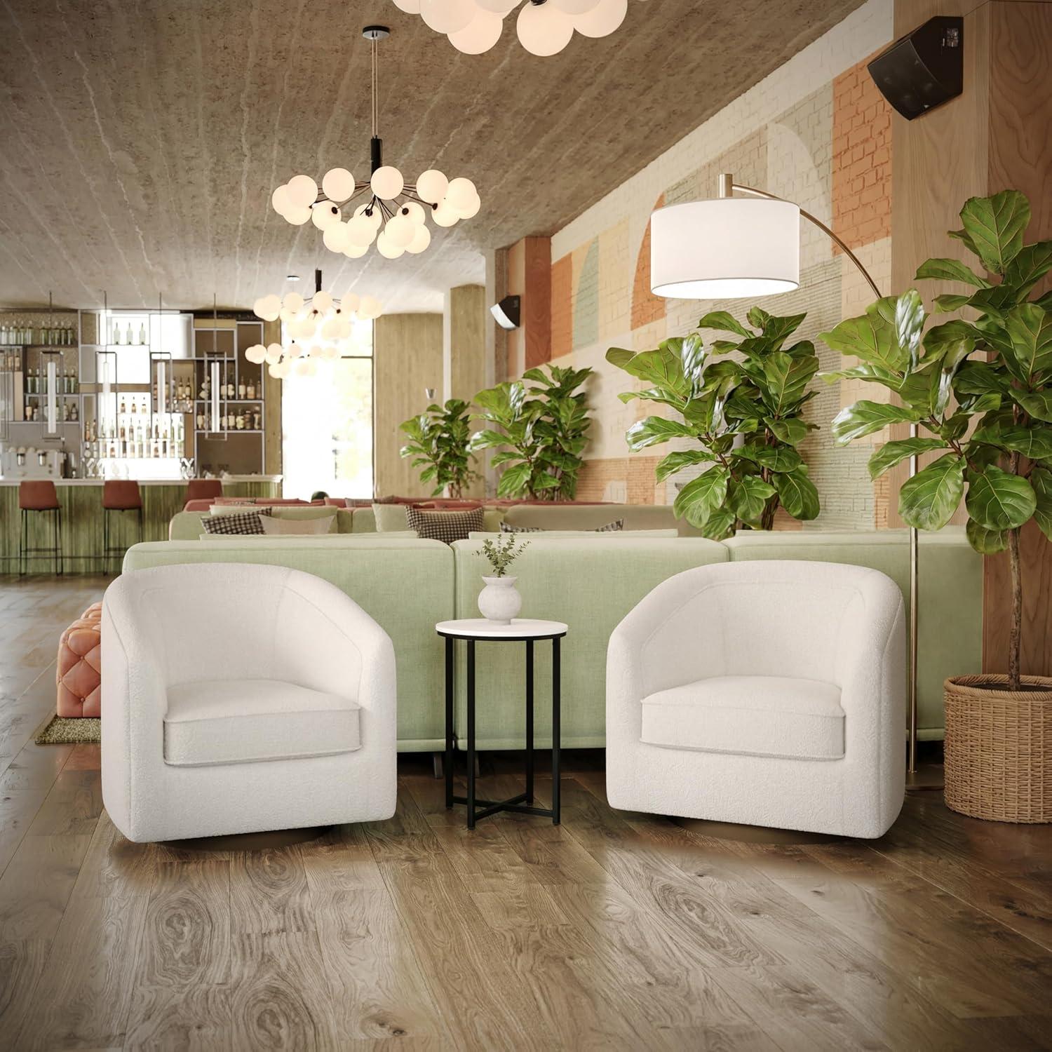 image:imageFlash Furniture Dean Upholstered Barrel Chair Commercial 360 Swivel Club Style Chair Sloped Armrests Brushed Metallic Vinyl Wrapped Metal Base Black LeatherSoftCream Boucle