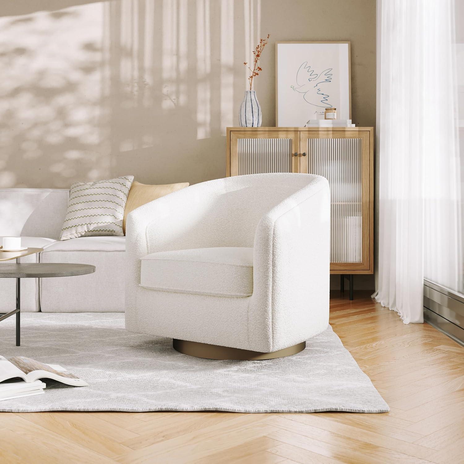 image:imageFlash Furniture Dean Upholstered Barrel Chair Commercial 360 Swivel Club Style Chair Sloped Armrests Brushed Metallic Vinyl Wrapped Metal Base Black LeatherSoftCream Boucle