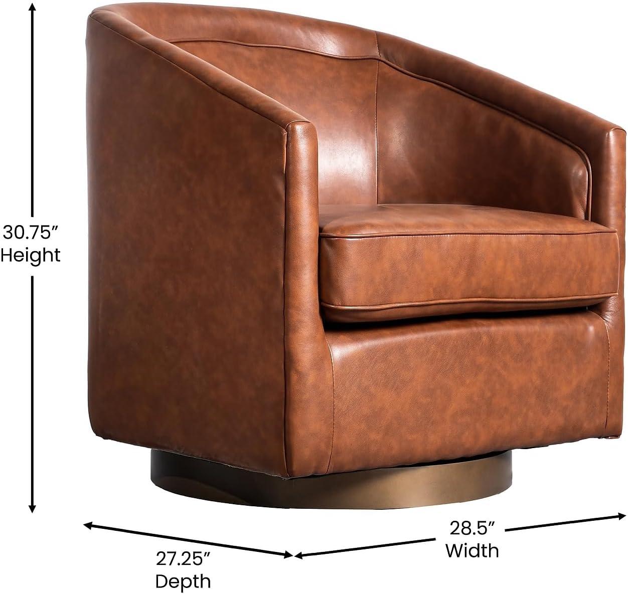 image:imageFlash Furniture Dean Upholstered Barrel Chair Commercial 360 Swivel Club Style Chair Sloped Armrests Brushed Metallic Vinyl Wrapped Metal Base Black LeatherSoftBrown Leathersoft