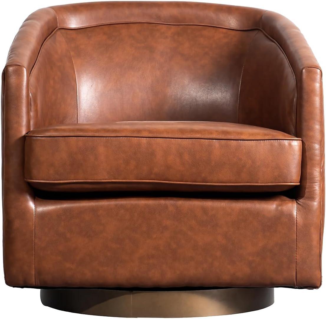 image:imageFlash Furniture Dean Upholstered Barrel Chair Commercial 360 Swivel Club Style Chair Sloped Armrests Brushed Metallic Vinyl Wrapped Metal Base Black LeatherSoftBrown Leathersoft