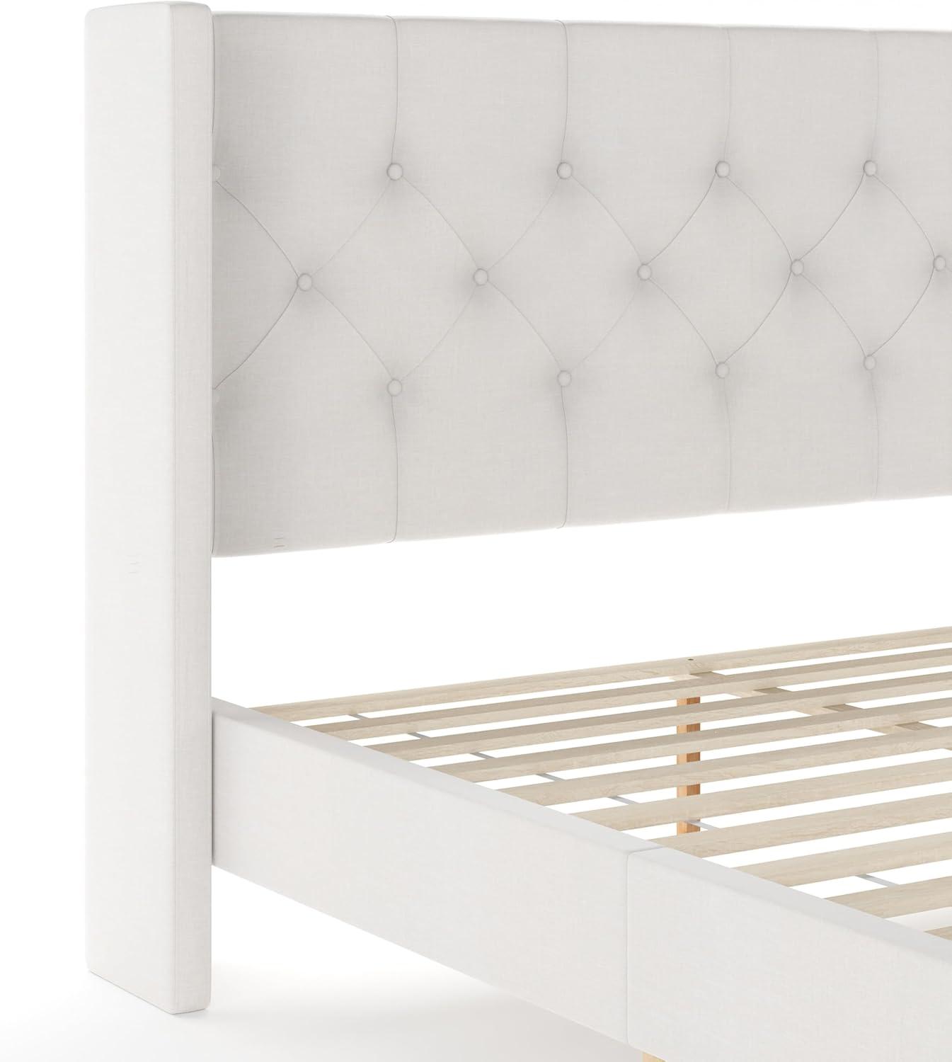 image:imageMartha Stewart Carmy Platform Bed with Tufted Headboard Cushioned Side Rails Faux Linen Upholstery Wood Slat Foundation No Box Spring Needed King WhiteQueen