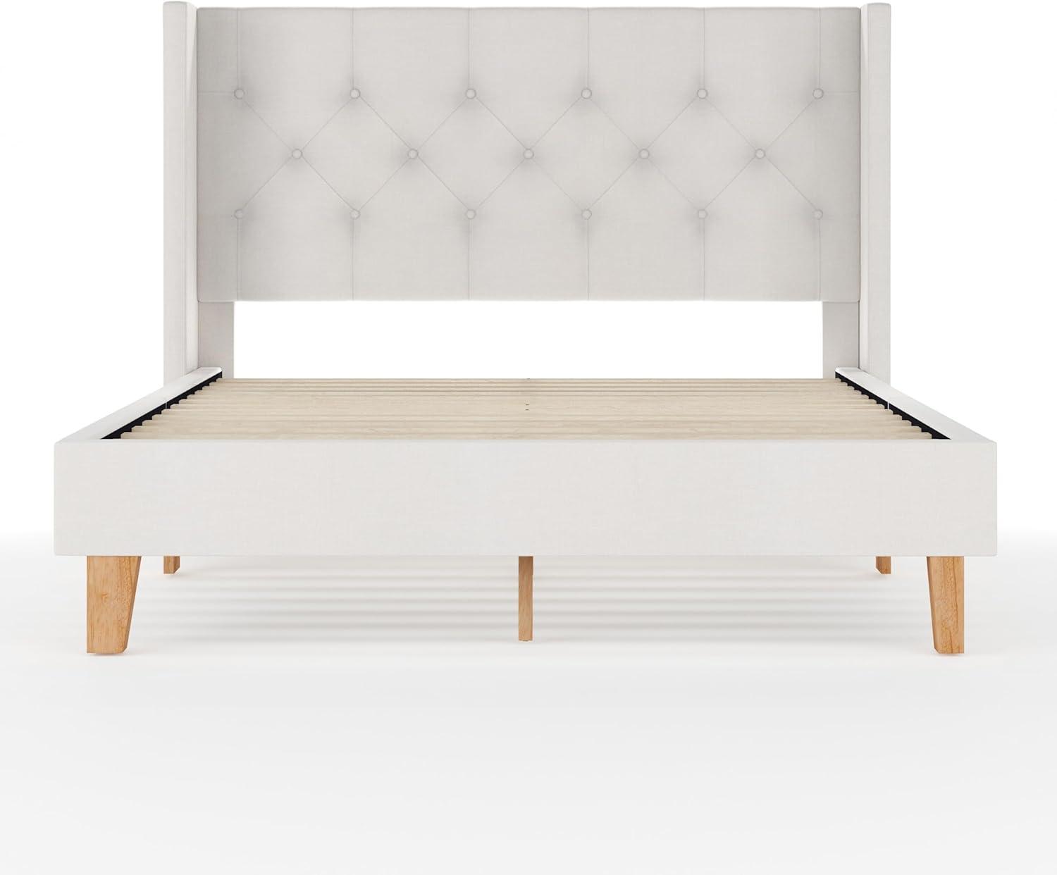 image:imageMartha Stewart Carmy Platform Bed with Tufted Headboard Cushioned Side Rails Faux Linen Upholstery Wood Slat Foundation No Box Spring Needed King WhiteQueen