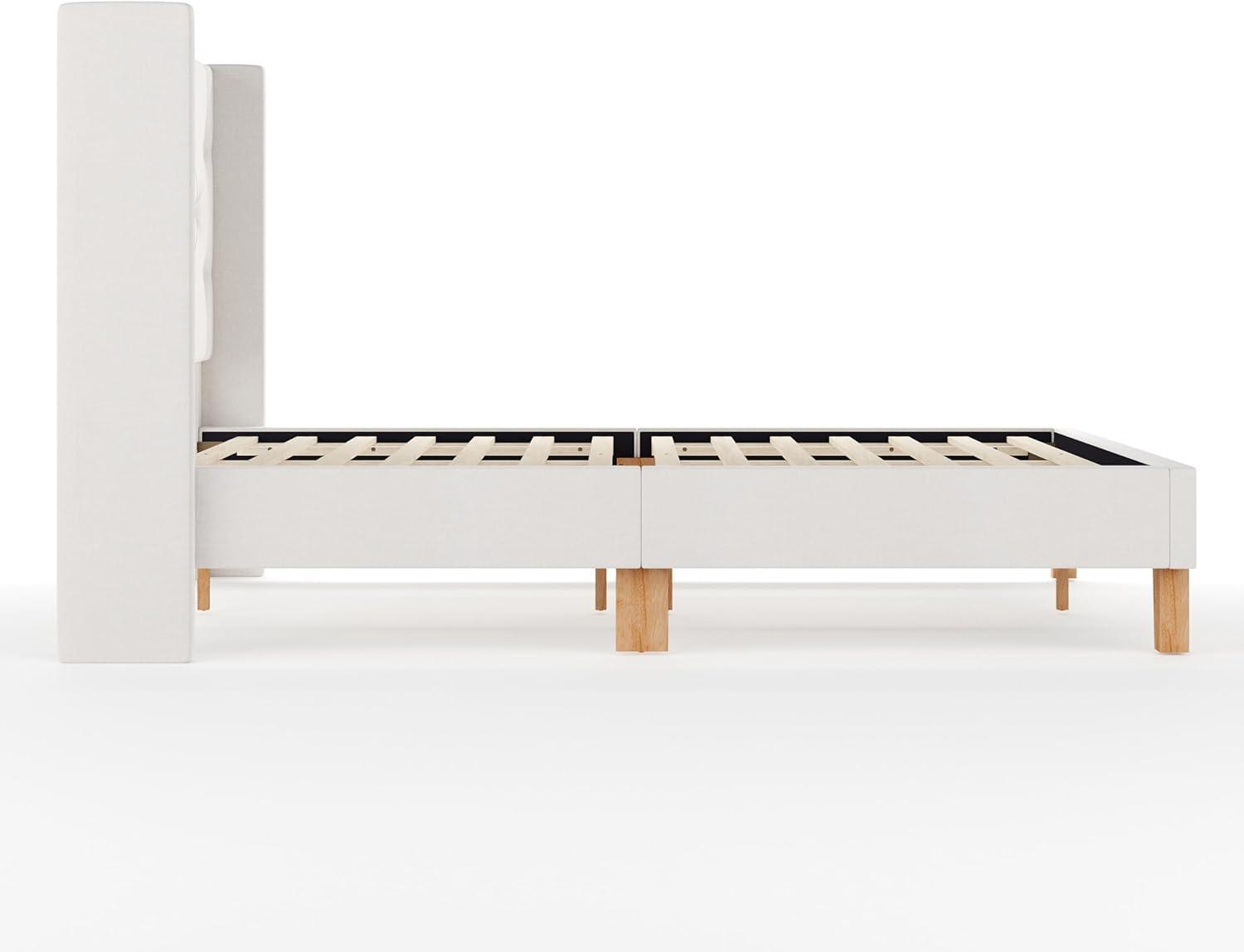 image:imageMartha Stewart Carmy Platform Bed with Tufted Headboard Cushioned Side Rails Faux Linen Upholstery Wood Slat Foundation No Box Spring Needed King WhiteQueen