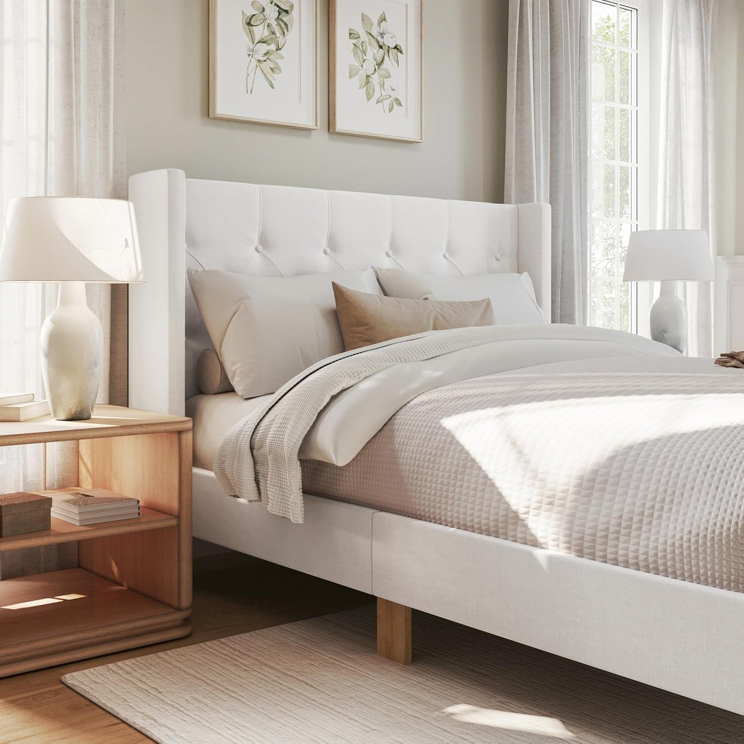 image:imageMartha Stewart Carmy Platform Bed with Tufted Headboard Cushioned Side Rails Faux Linen Upholstery Wood Slat Foundation No Box Spring Needed King WhiteQueen