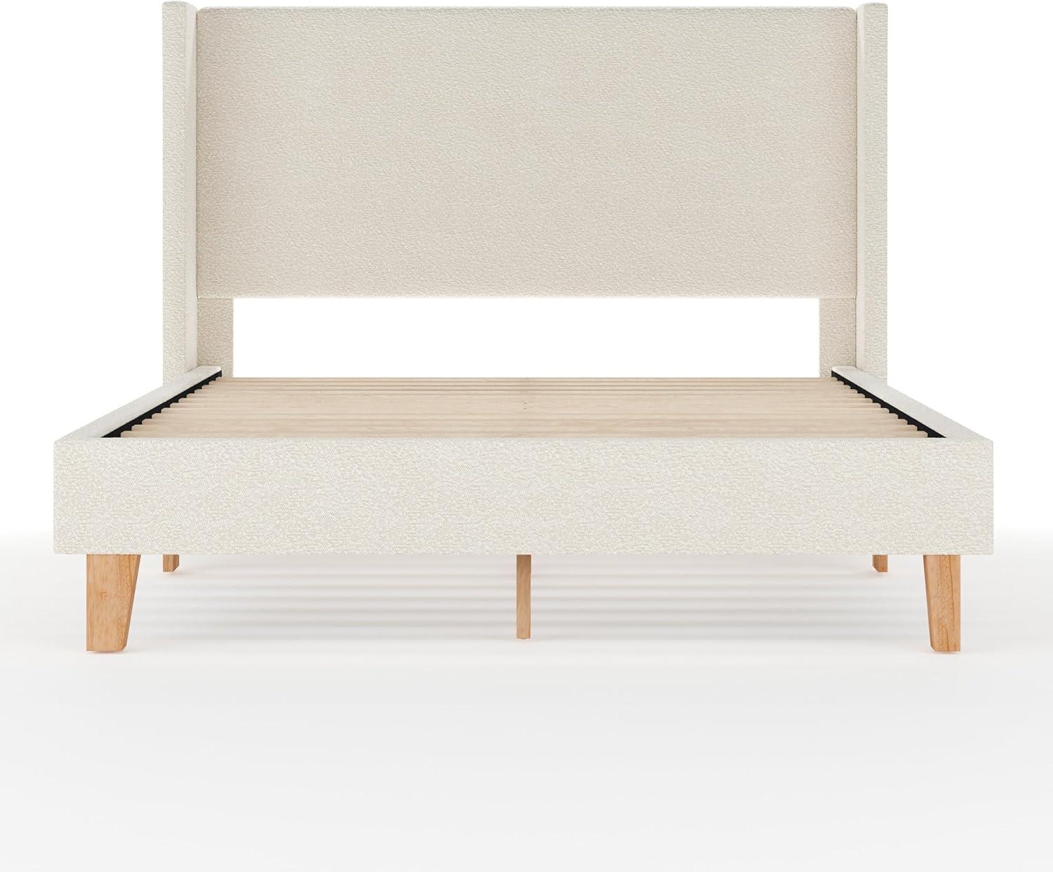 image:imageMartha Stewart Maisie Platform Bed with Wingback Headboard and Cushioned Side Rails Faux Linen Upholstery Wood Slat Foundation No Box Spring Needed King BeigeOffwhite