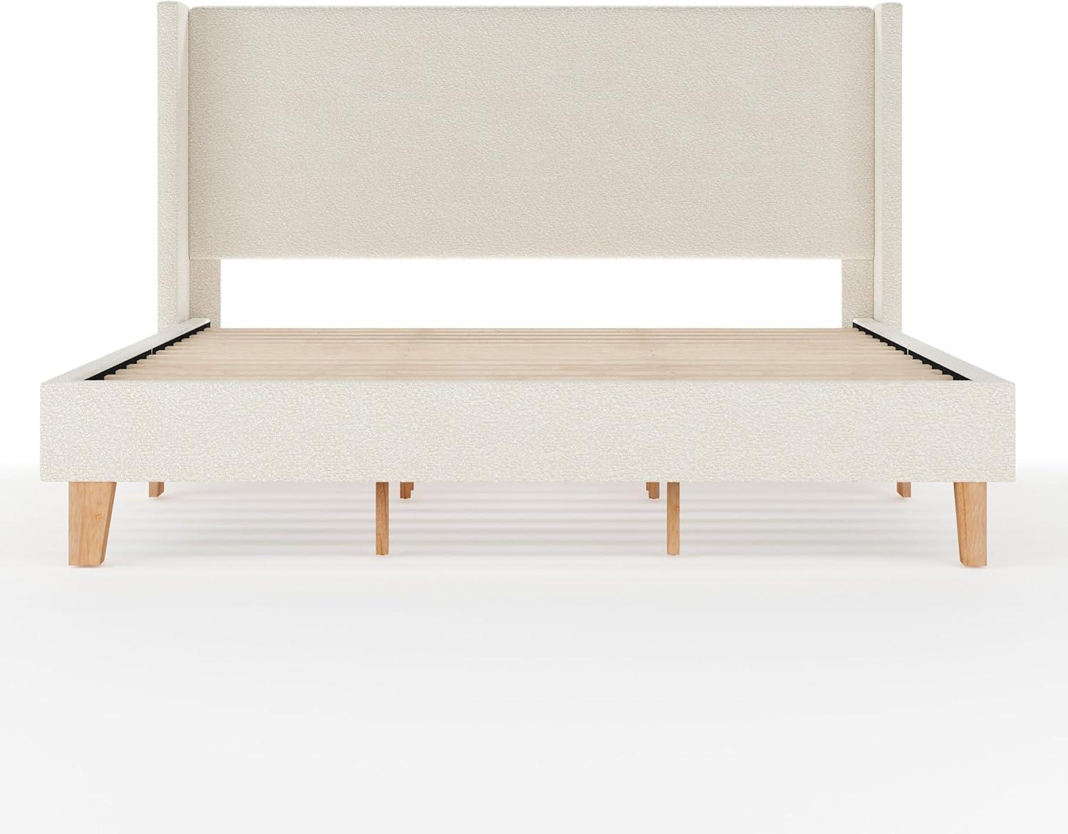 image:imageMartha Stewart Maisie Platform Bed with Wingback Headboard and Cushioned Side Rails Faux Linen Upholstery Wood Slat Foundation No Box Spring Needed King BeigeOffwhite