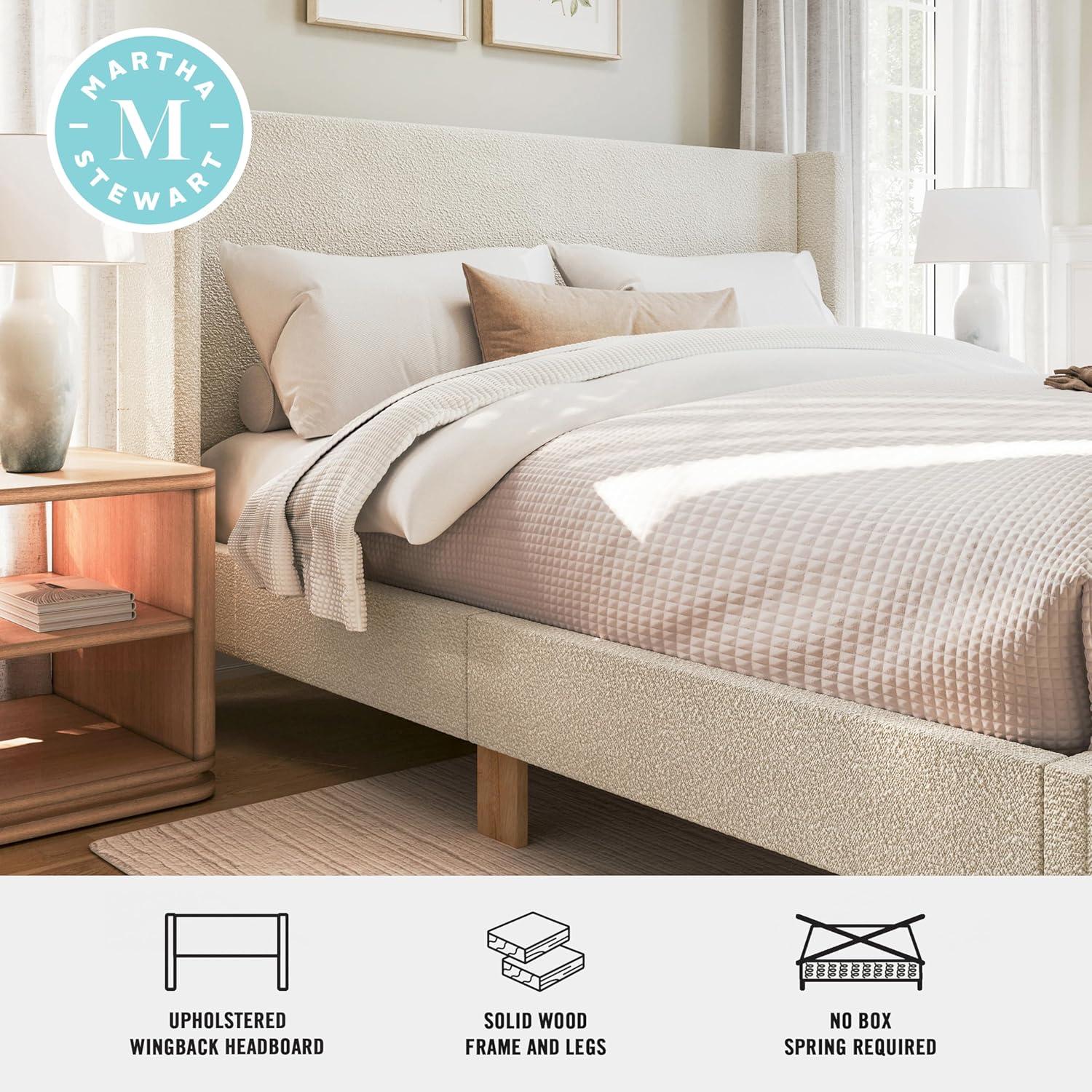 image:imageMartha Stewart Maisie Platform Bed with Wingback Headboard and Cushioned Side Rails Faux Linen Upholstery Wood Slat Foundation No Box Spring Needed King BeigeOffwhite