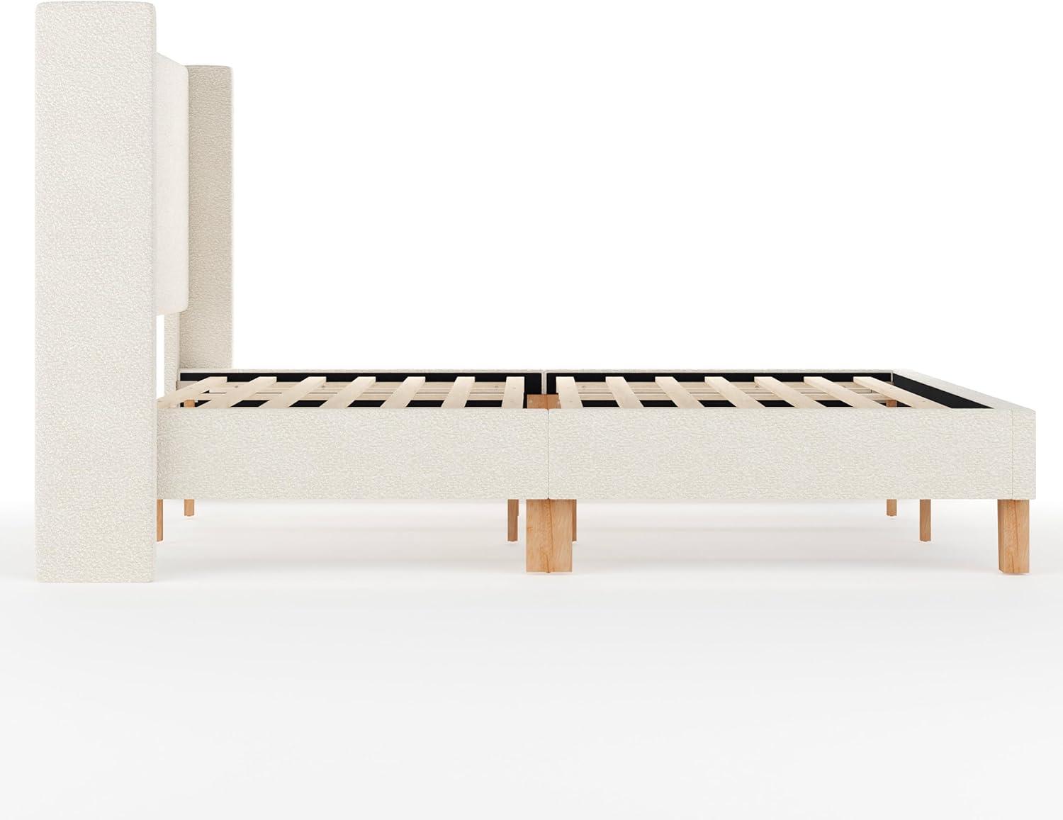 image:imageMartha Stewart Maisie Platform Bed with Wingback Headboard and Cushioned Side Rails Faux Linen Upholstery Wood Slat Foundation No Box Spring Needed King BeigeOffwhite