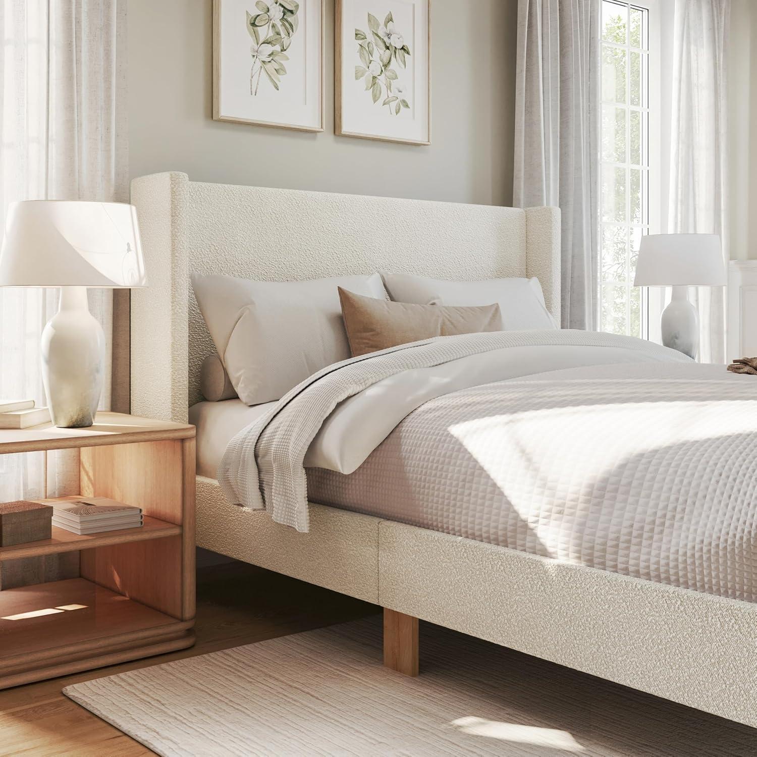 image:imageMartha Stewart Maisie Platform Bed with Wingback Headboard and Cushioned Side Rails Faux Linen Upholstery Wood Slat Foundation No Box Spring Needed King BeigeOffwhite