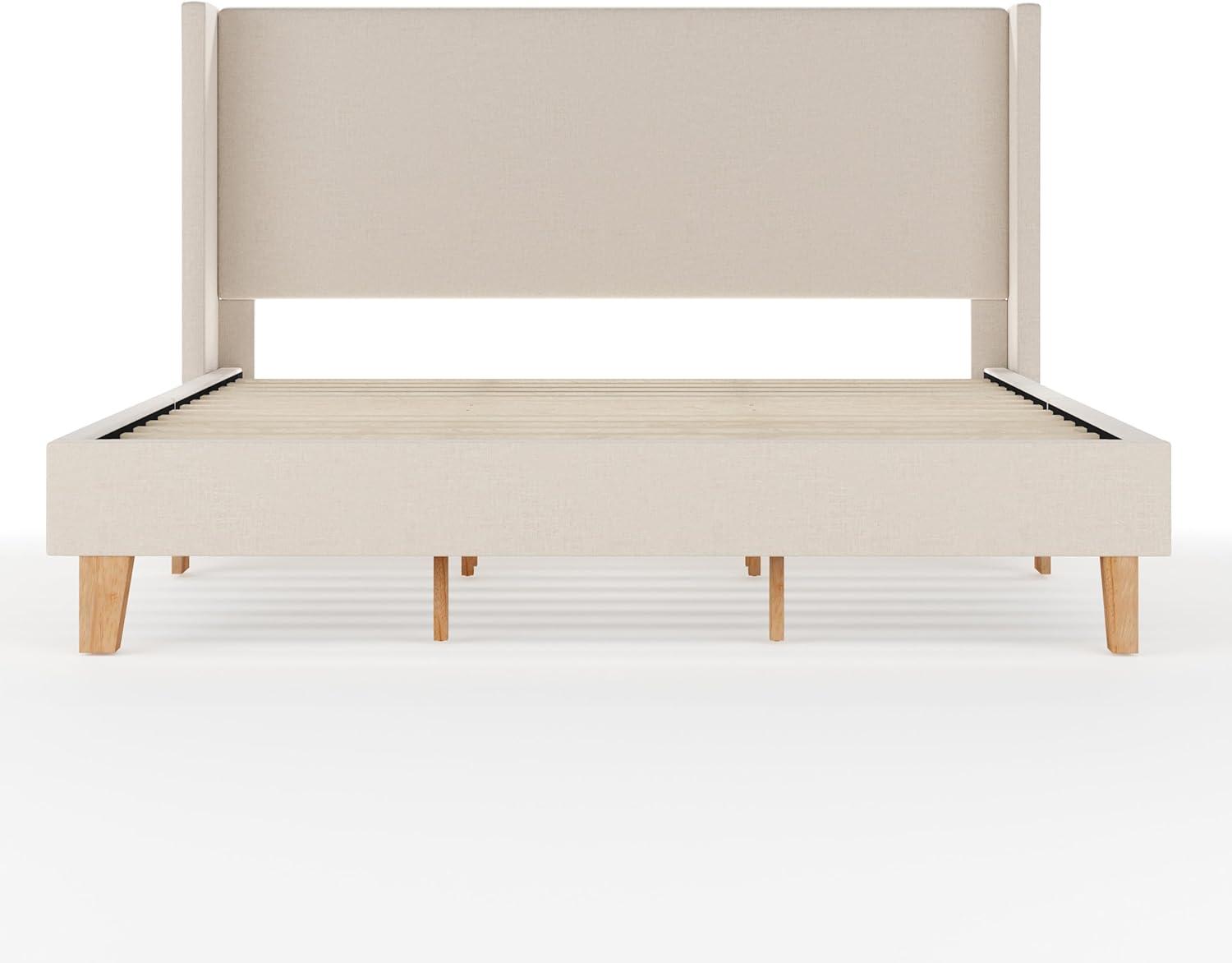 image:imageMartha Stewart Maisie Platform Bed with Wingback Headboard and Cushioned Side Rails Faux Linen Upholstery Wood Slat Foundation No Box Spring Needed King BeigeBeige