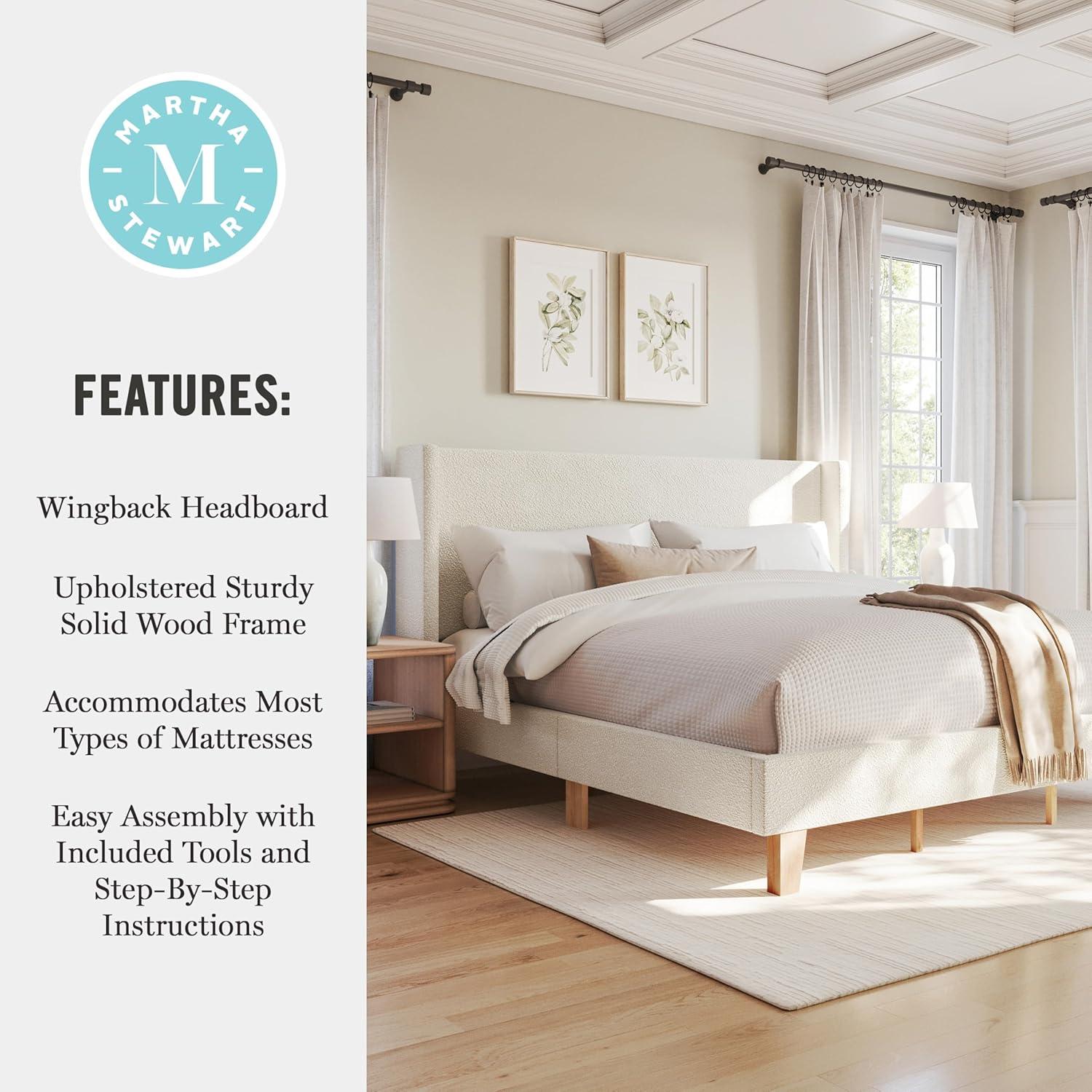 image:imageMartha Stewart Maisie Platform Bed with Wingback Headboard and Cushioned Side Rails Faux Linen Upholstery Wood Slat Foundation No Box Spring Needed King BeigeOffwhite