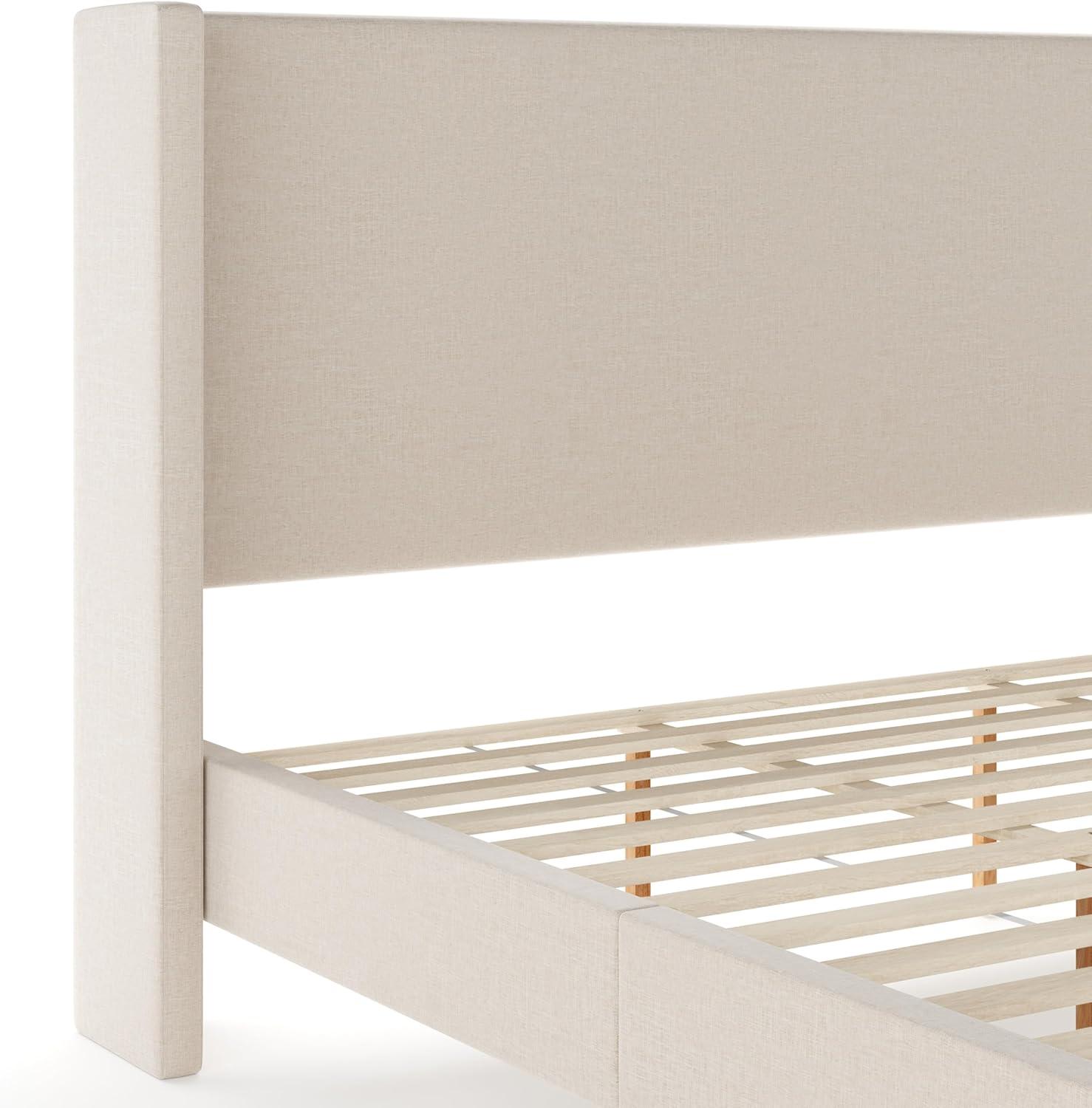 image:imageMartha Stewart Maisie Platform Bed with Wingback Headboard and Cushioned Side Rails Faux Linen Upholstery Wood Slat Foundation No Box Spring Needed King BeigeBeige