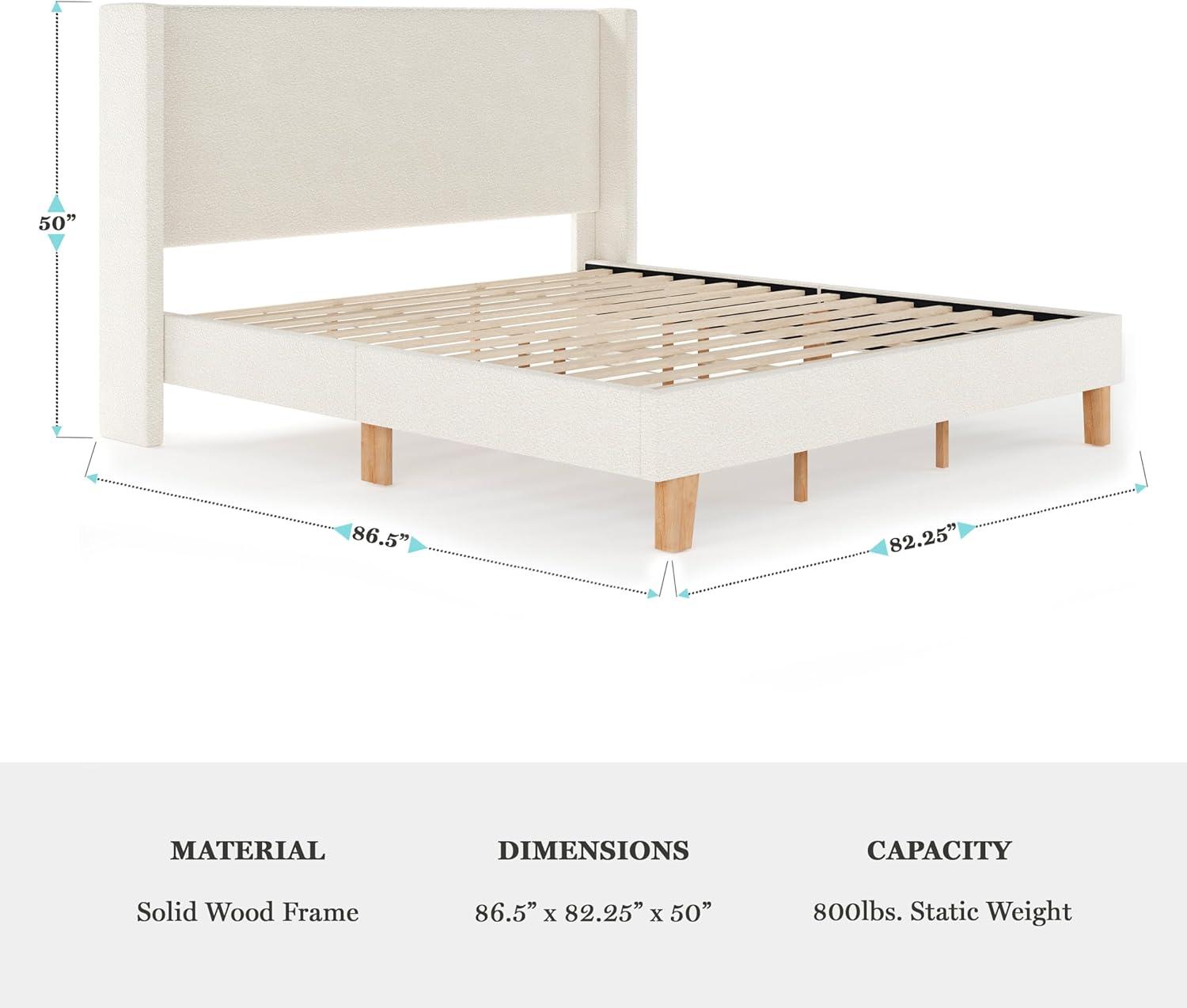 image:imageMartha Stewart Maisie Platform Bed with Wingback Headboard and Cushioned Side Rails Faux Linen Upholstery Wood Slat Foundation No Box Spring Needed King BeigeOffwhite