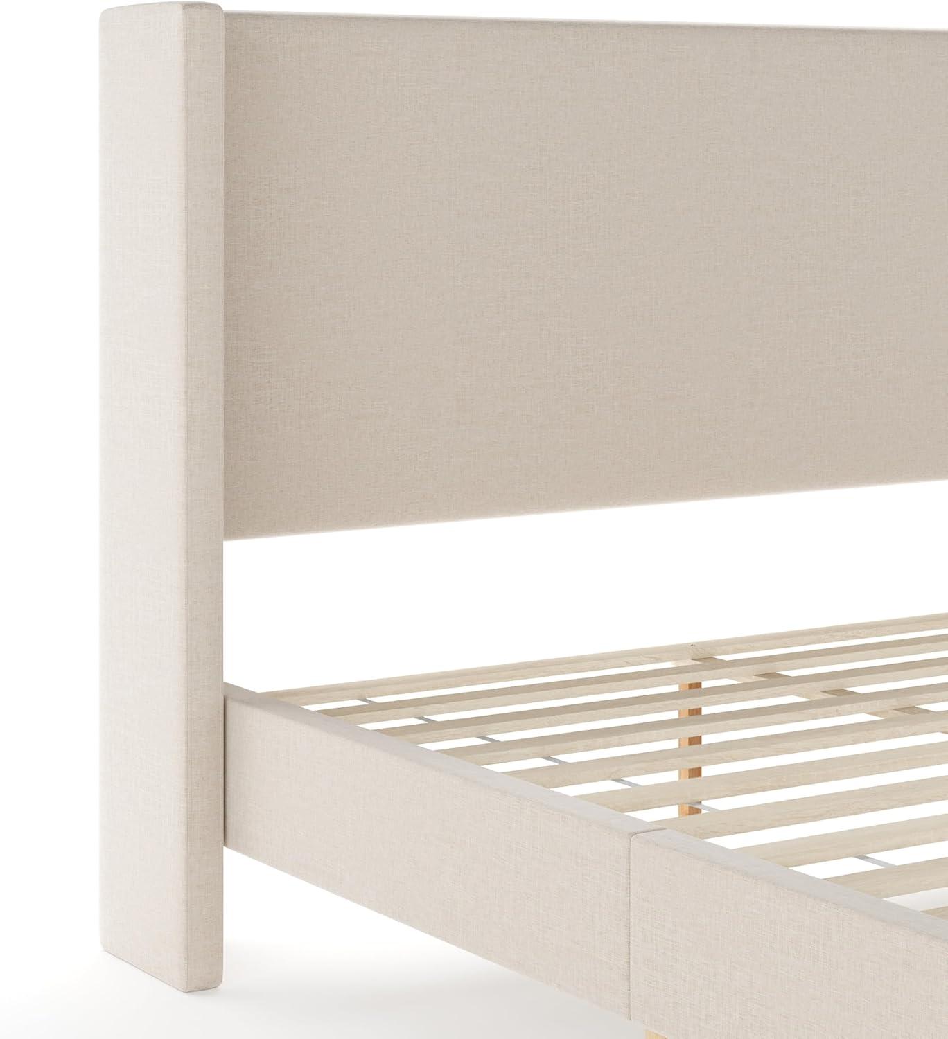 image:imageMartha Stewart Maisie Platform Bed with Wingback Headboard and Cushioned Side Rails Faux Linen Upholstery Wood Slat Foundation No Box Spring Needed King BeigeBeige