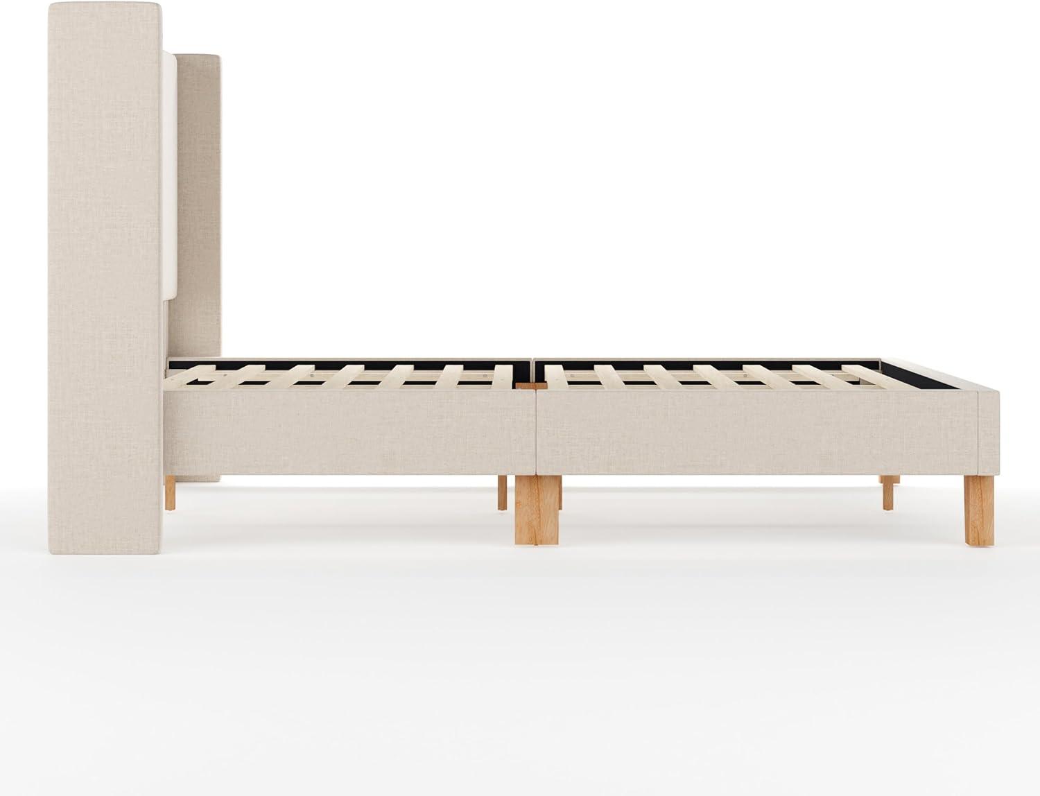 image:imageMartha Stewart Maisie Platform Bed with Wingback Headboard and Cushioned Side Rails Faux Linen Upholstery Wood Slat Foundation No Box Spring Needed King BeigeBeige
