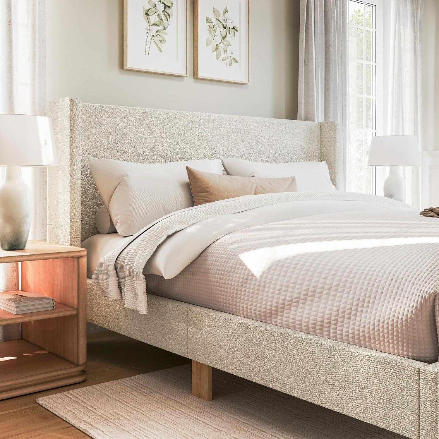 image:imageMartha Stewart Maisie Platform Bed with Wingback Headboard and Cushioned Side Rails Faux Linen Upholstery Wood Slat Foundation No Box Spring Needed King BeigeOffwhite