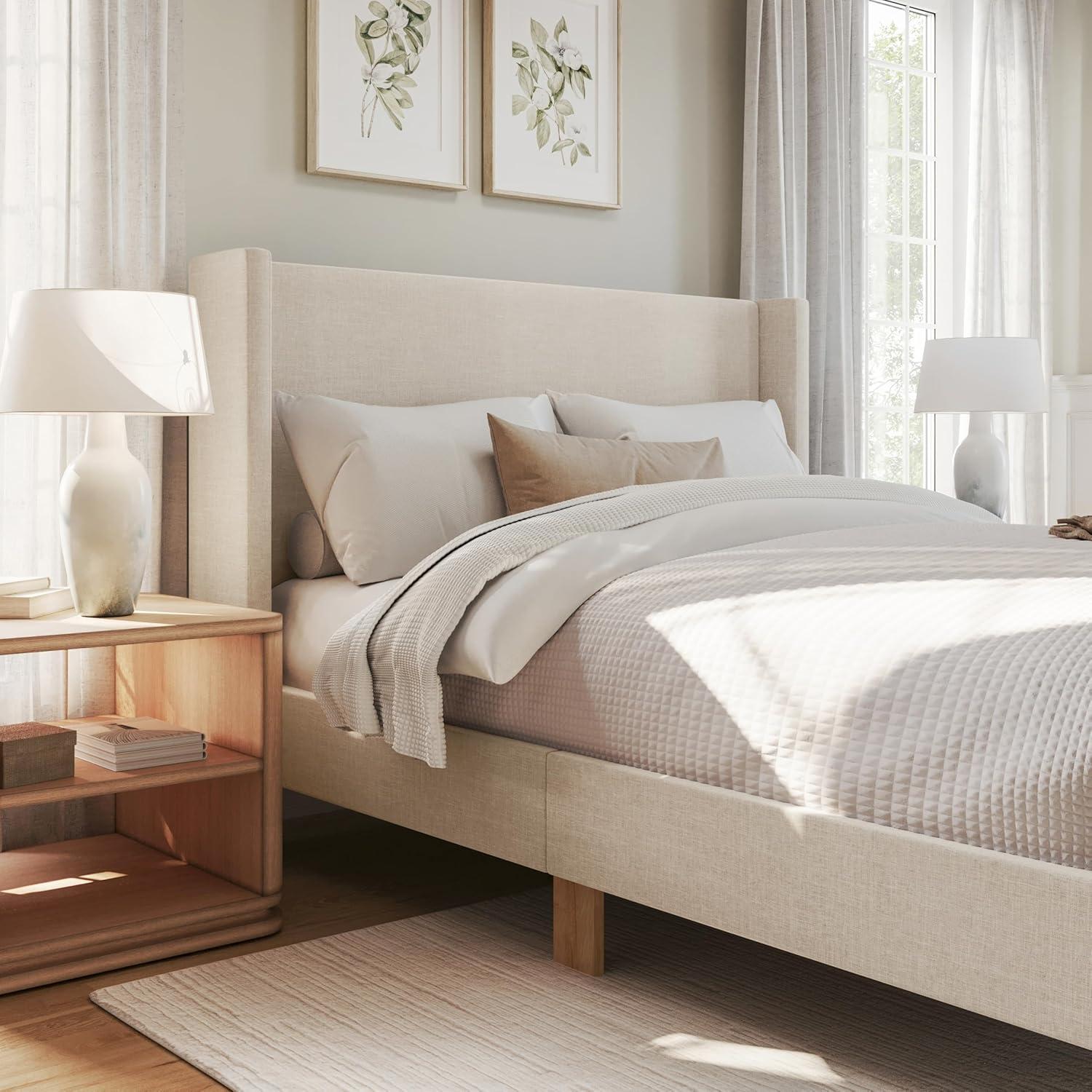 image:imageMartha Stewart Maisie Platform Bed with Wingback Headboard and Cushioned Side Rails Faux Linen Upholstery Wood Slat Foundation No Box Spring Needed King BeigeBeige