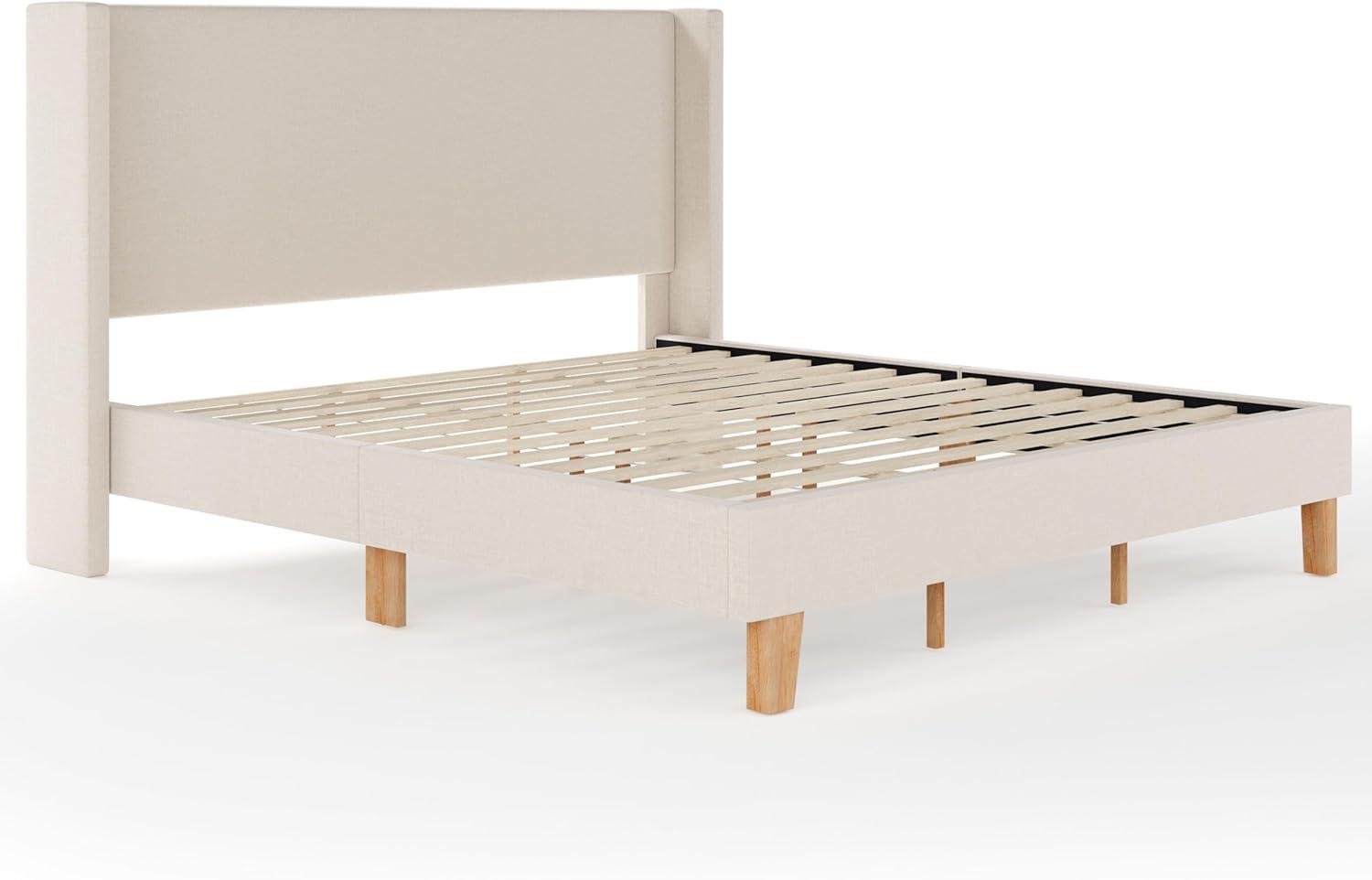 image:imageMartha Stewart Maisie Platform Bed with Wingback Headboard and Cushioned Side Rails Faux Linen Upholstery Wood Slat Foundation No Box Spring Needed King BeigeBeige