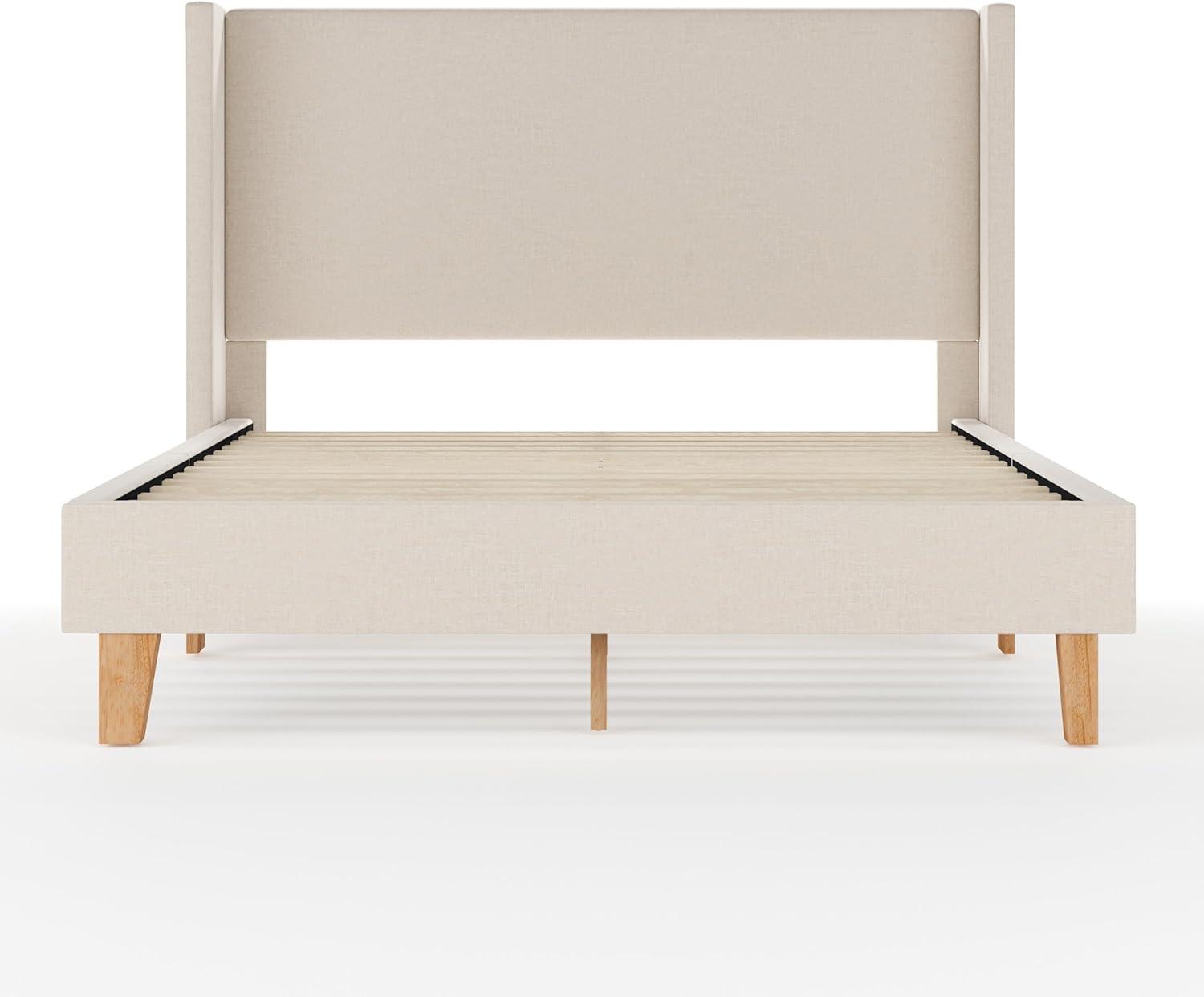 image:imageMartha Stewart Maisie Platform Bed with Wingback Headboard and Cushioned Side Rails Faux Linen Upholstery Wood Slat Foundation No Box Spring Needed King BeigeBeige