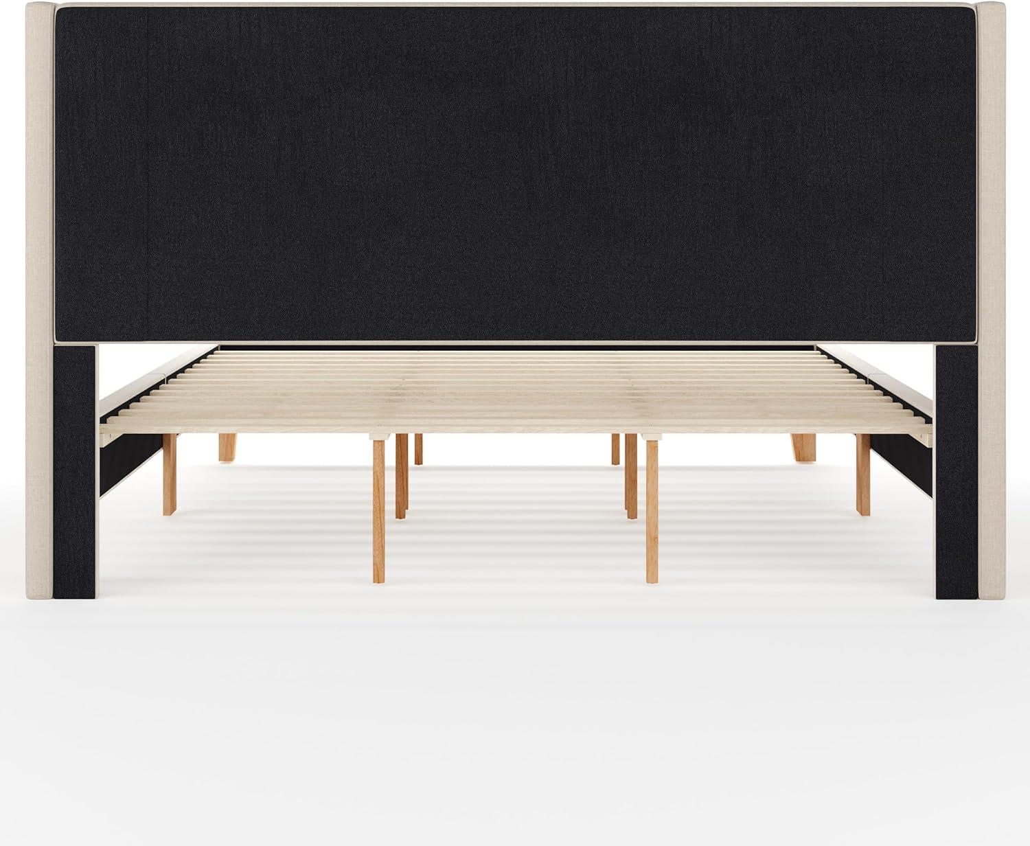 image:imageMartha Stewart Maisie Platform Bed with Wingback Headboard and Cushioned Side Rails Faux Linen Upholstery Wood Slat Foundation No Box Spring Needed King BeigeBeige