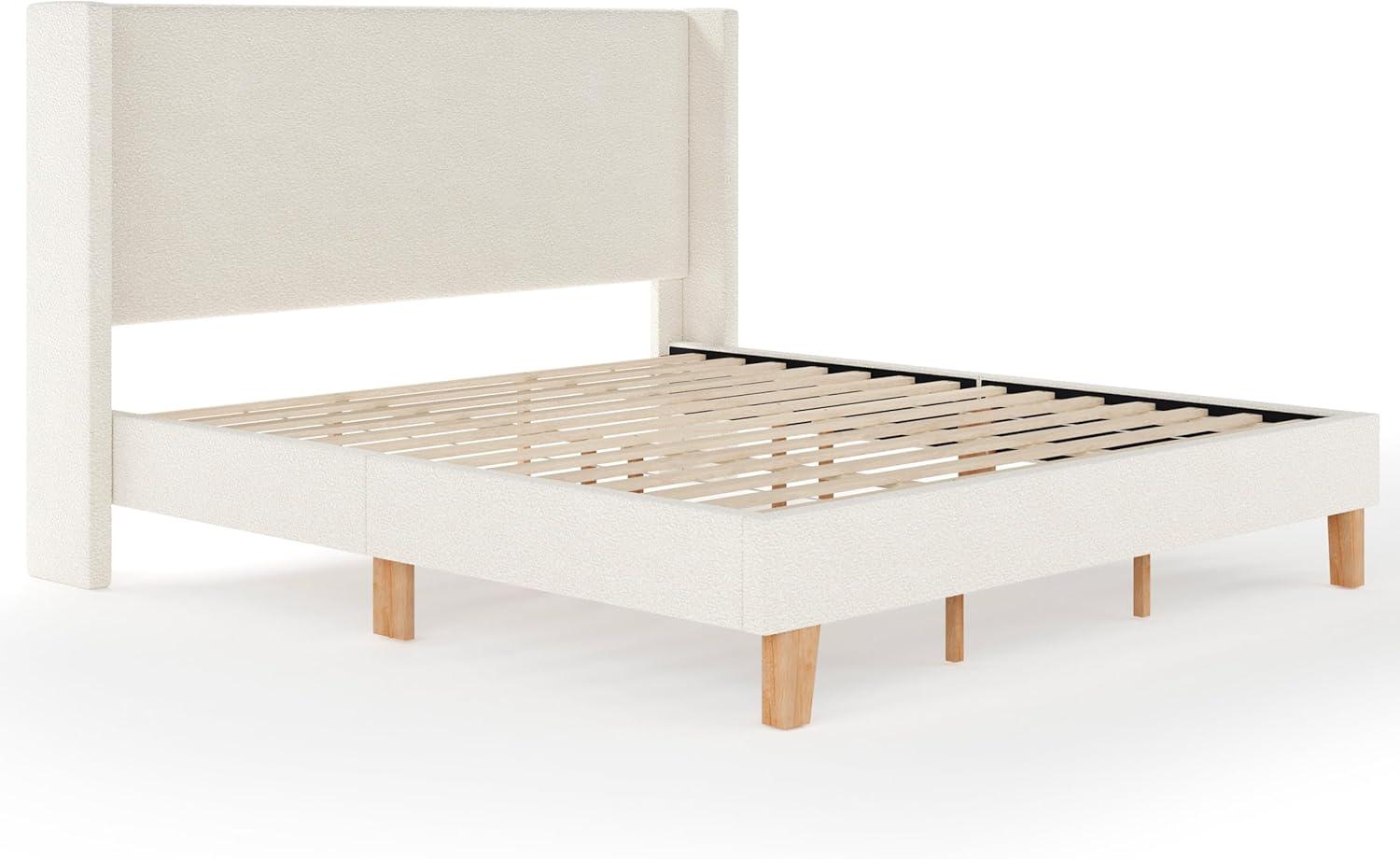 image:imageMartha Stewart Maisie Platform Bed with Wingback Headboard and Cushioned Side Rails Faux Linen Upholstery Wood Slat Foundation No Box Spring Needed King BeigeOffwhite