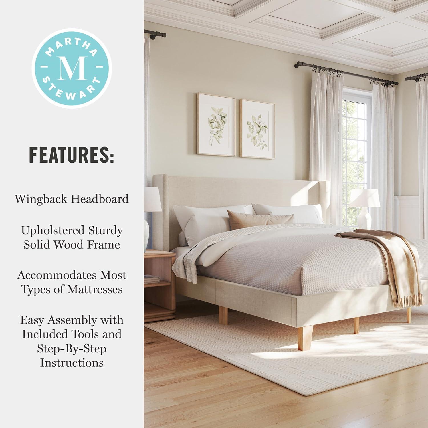 image:imageMartha Stewart Maisie Platform Bed with Wingback Headboard and Cushioned Side Rails Faux Linen Upholstery Wood Slat Foundation No Box Spring Needed King BeigeBeige