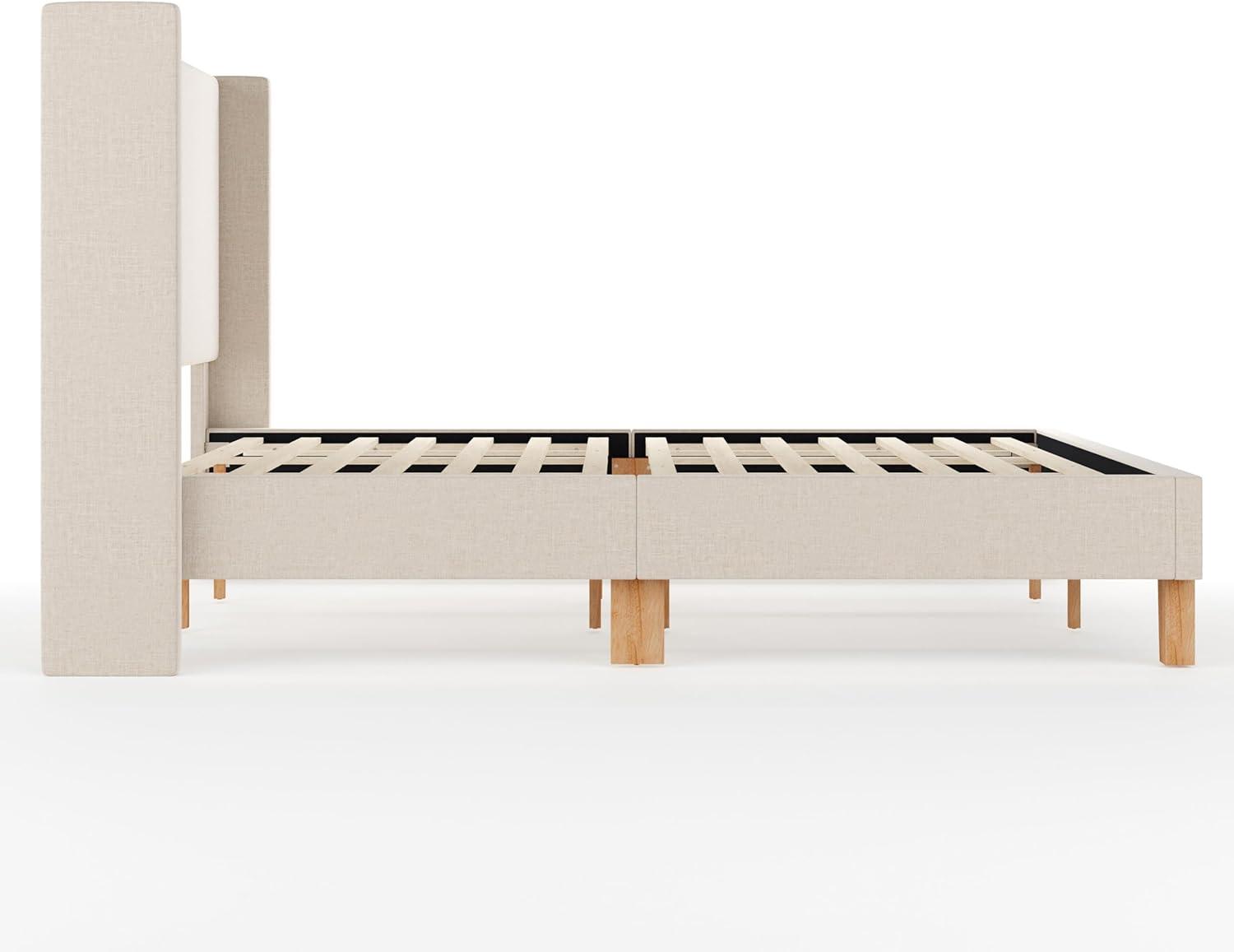 image:imageMartha Stewart Maisie Platform Bed with Wingback Headboard and Cushioned Side Rails Faux Linen Upholstery Wood Slat Foundation No Box Spring Needed King BeigeBeige