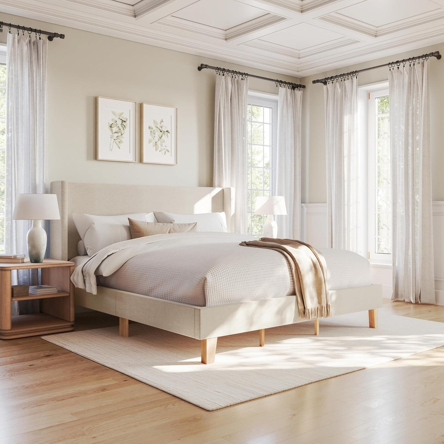 image:imageMartha Stewart Maisie Platform Bed with Wingback Headboard and Cushioned Side Rails Faux Linen Upholstery Wood Slat Foundation No Box Spring Needed King BeigeBeige