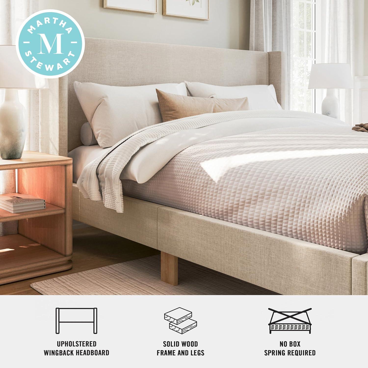 image:imageMartha Stewart Maisie Platform Bed with Wingback Headboard and Cushioned Side Rails Faux Linen Upholstery Wood Slat Foundation No Box Spring Needed King BeigeBeige