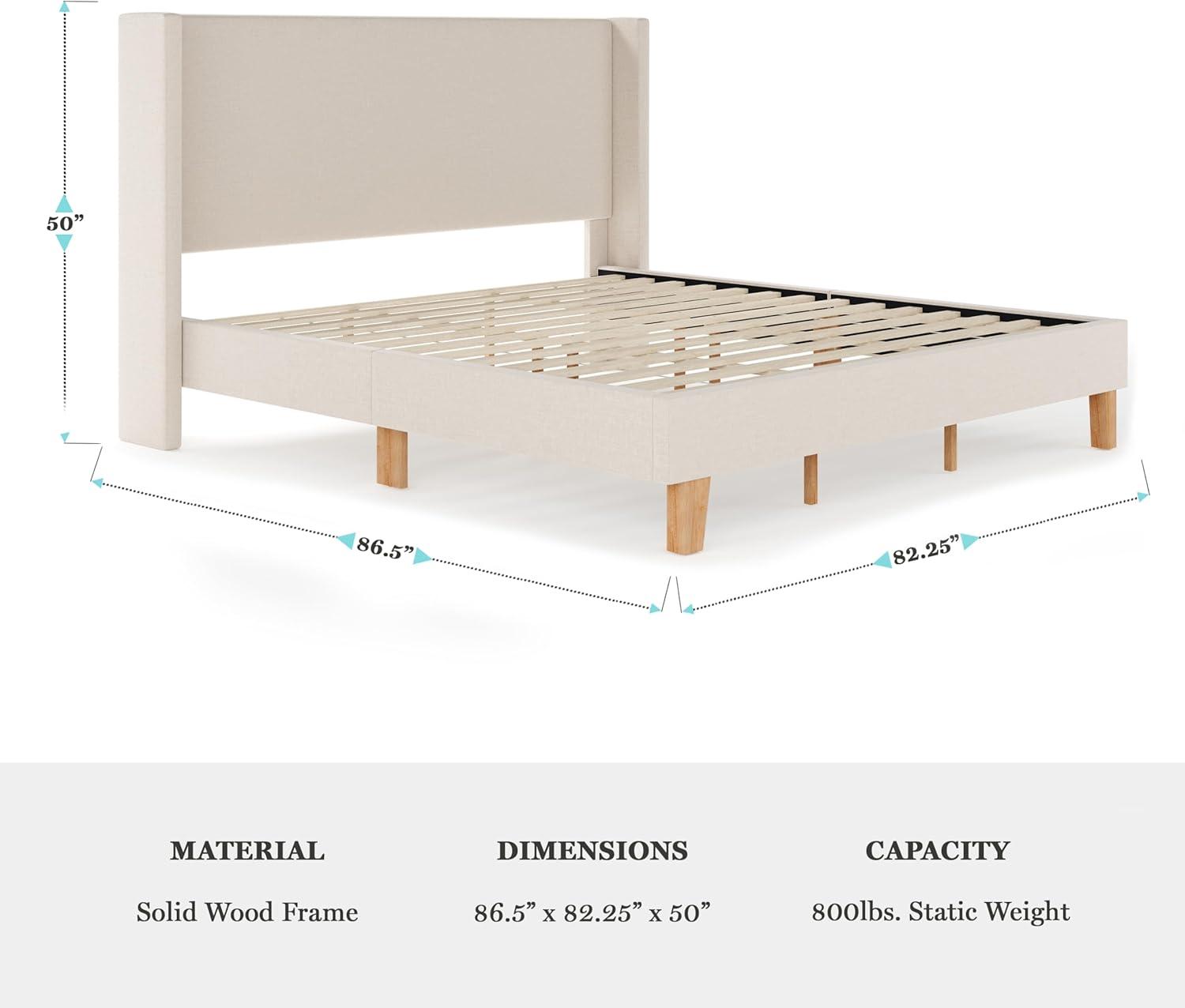 image:imageMartha Stewart Maisie Platform Bed with Wingback Headboard and Cushioned Side Rails Faux Linen Upholstery Wood Slat Foundation No Box Spring Needed King BeigeBeige