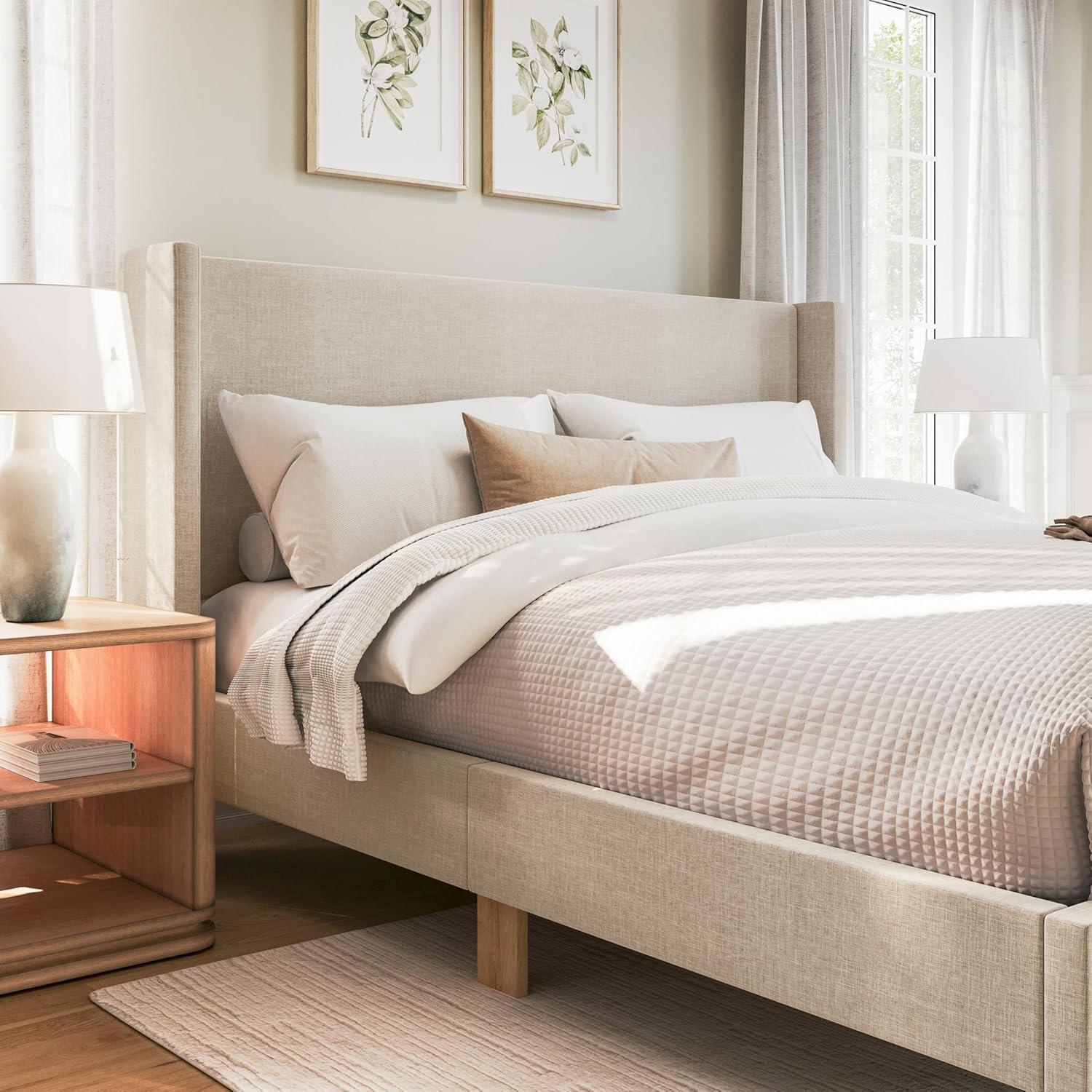 image:imageMartha Stewart Maisie Platform Bed with Wingback Headboard and Cushioned Side Rails Faux Linen Upholstery Wood Slat Foundation No Box Spring Needed King BeigeBeige