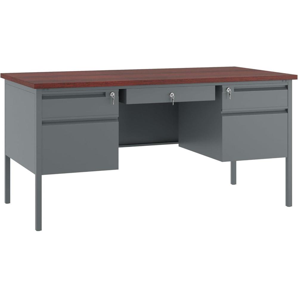 image:imageFlash Furniture Cambridge Double Pedestal Desk with 3 Locking Drawers Commercial Grade Teachers or Office Desk 30x60 Metal Frame MahoganyCharcoal