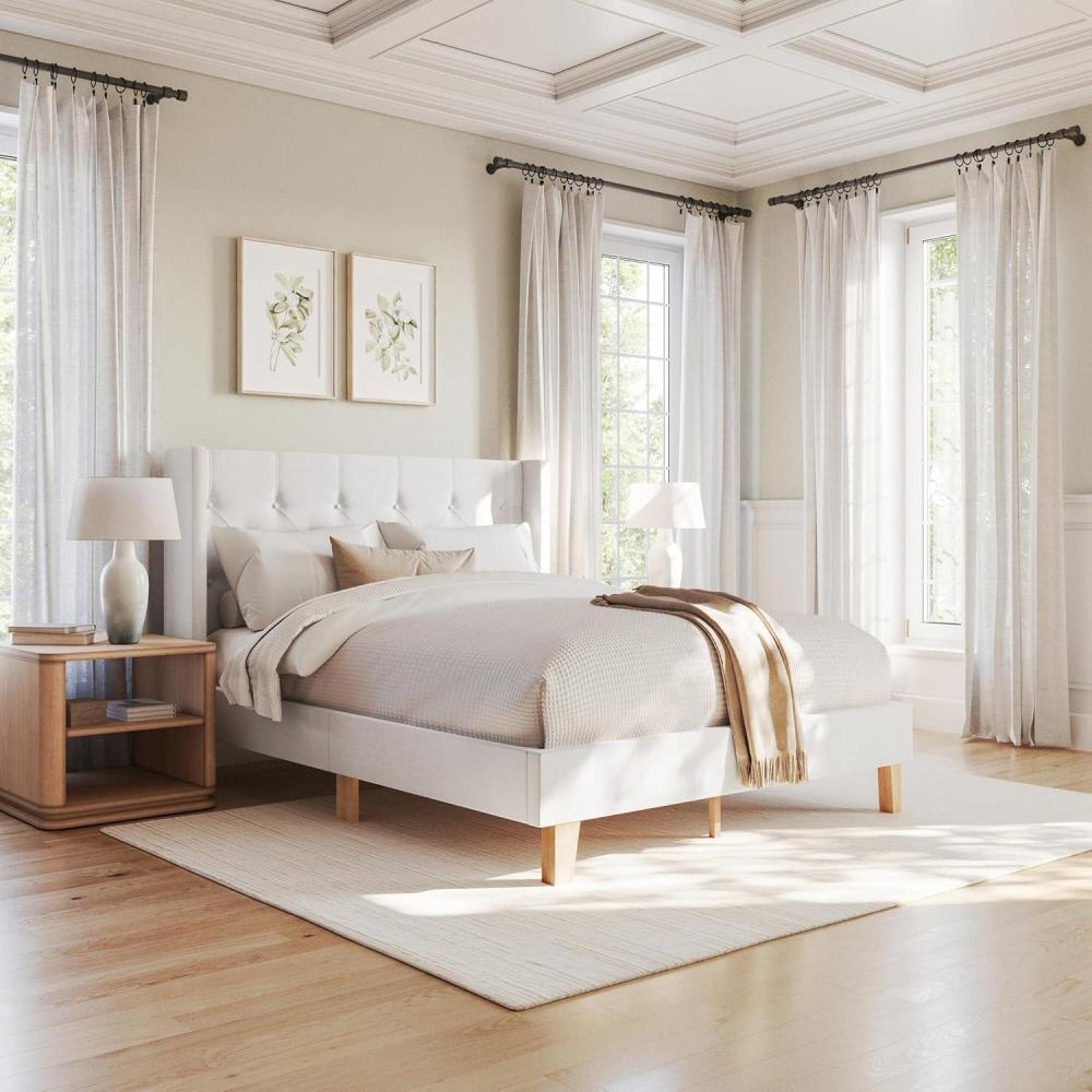 image:imageMartha Stewart Carmy Platform Bed with Tufted Headboard Cushioned Side Rails Faux Linen Upholstery Wood Slat Foundation No Box Spring Needed King WhiteQueen