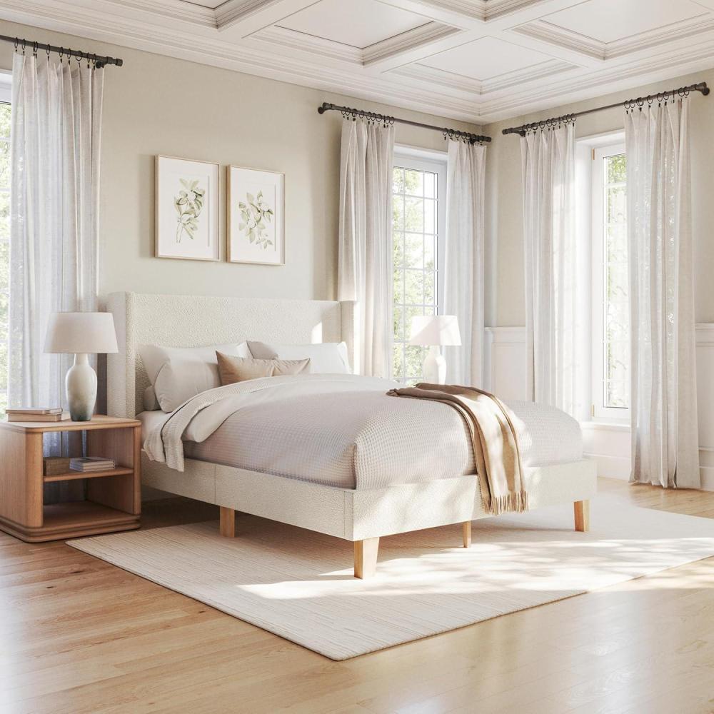 image:imageMartha Stewart Maisie Platform Bed with Wingback Headboard and Cushioned Side Rails Faux Linen Upholstery Wood Slat Foundation No Box Spring Needed King BeigeOffwhite