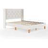 Martha Stewart Carmy Platform Bed with Tufted Headboard, Cushioned Side Rails, Faux Linen Upholstery, Wood Slat Foundation, No Box Spring Needed, King, White(Queen)