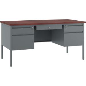 Flash Furniture Cambridge Double Pedestal Desk with 3 Locking Drawers, Commercial Grade Teacher’s or Office Desk, 30×60, Metal Frame, Mahogany/Charcoal