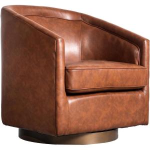 Flash Furniture Dean Upholstered Barrel Chair, Commercial 360° Swivel Club Style Chair, Sloped Armrests, Brushed Metallic Vinyl Wrapped Metal Base, Black LeatherSoft(Brown Leathersoft)